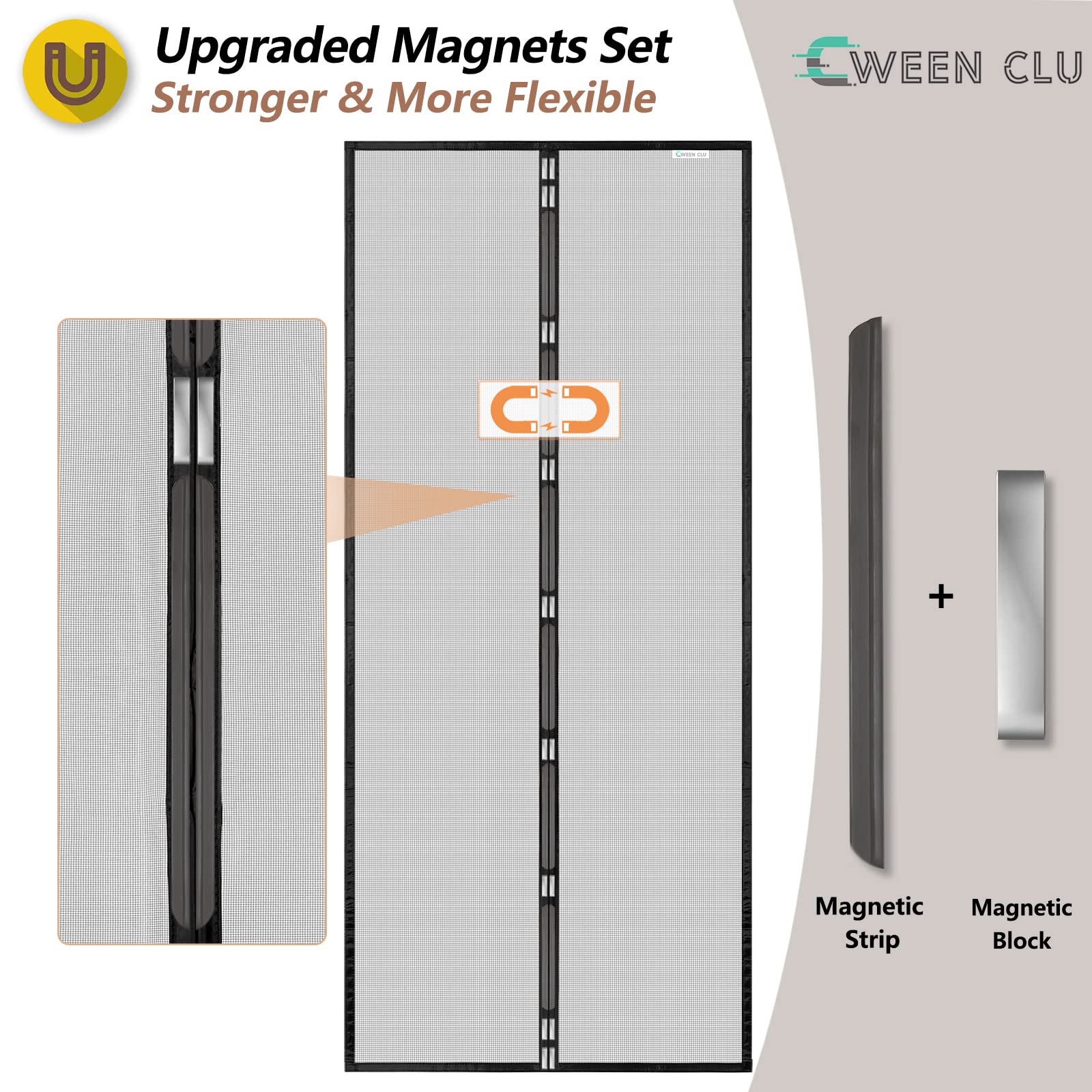 CWEEN CLU Magnetic Screen Door 95x200 cm - No Drill Installation, Black - Perfect for Balcony Doors, Patio Doors, French Doors - Keep Bugs Out While Enjoying Fresh Air