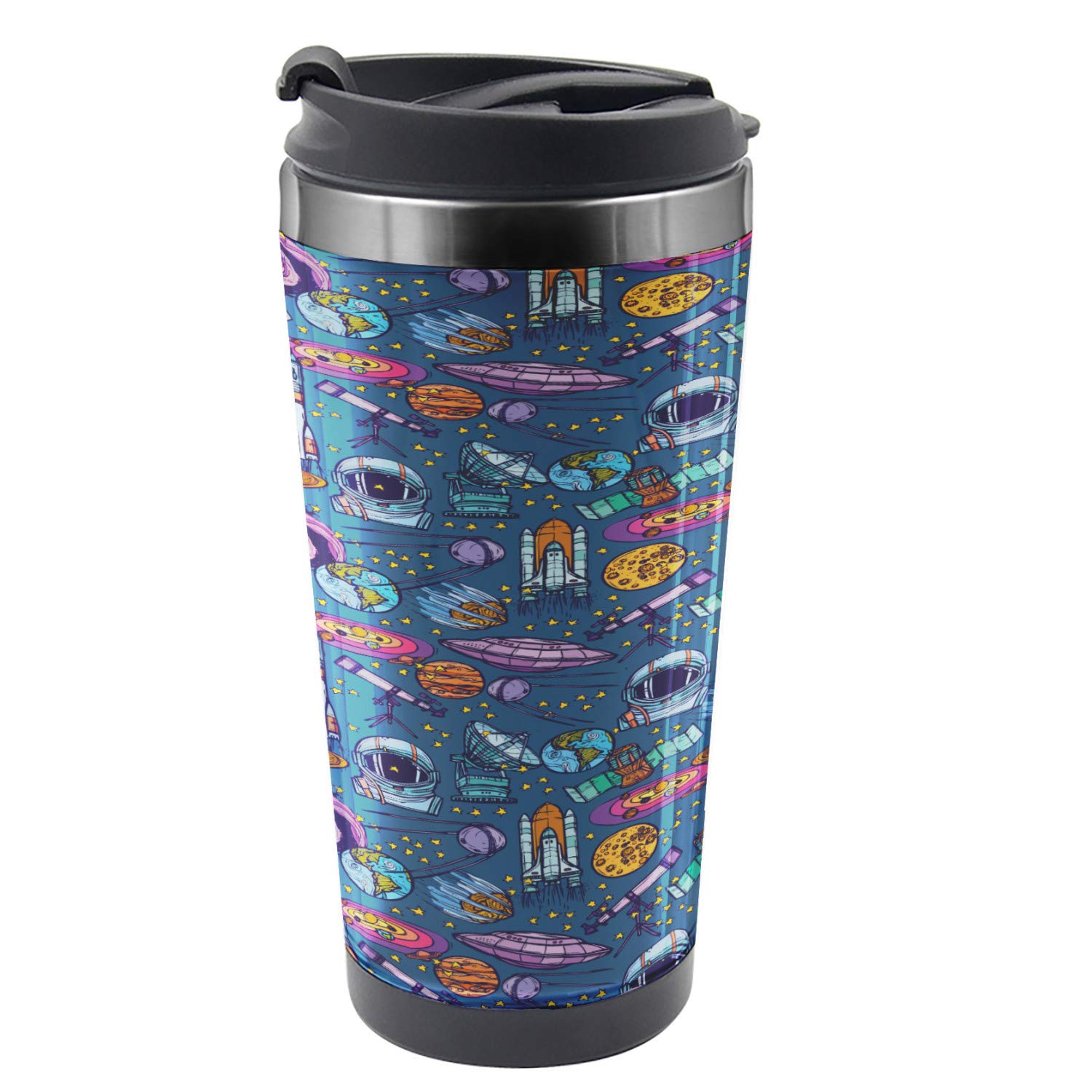 Ambesonne Astronaut Travel Mug - 16 oz Stainless Steel Thermal Cup with Colorful Astronomical Sketch of Stars & Planets - Perfect for Coffee, Tea & Hot Drinks on the Go - Ideal for Office, Commuting & Outdoor Adventures