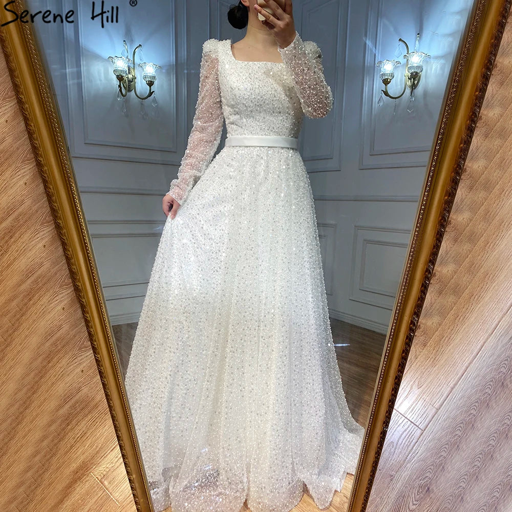 Elegant Dubai Arabic Green A-Line Luxury Evening Gown with Beaded Long Sleeves for Women - Perfect for Weddings, Galas & Formal Parties 2025 LA70271 | Serene Hill Collection