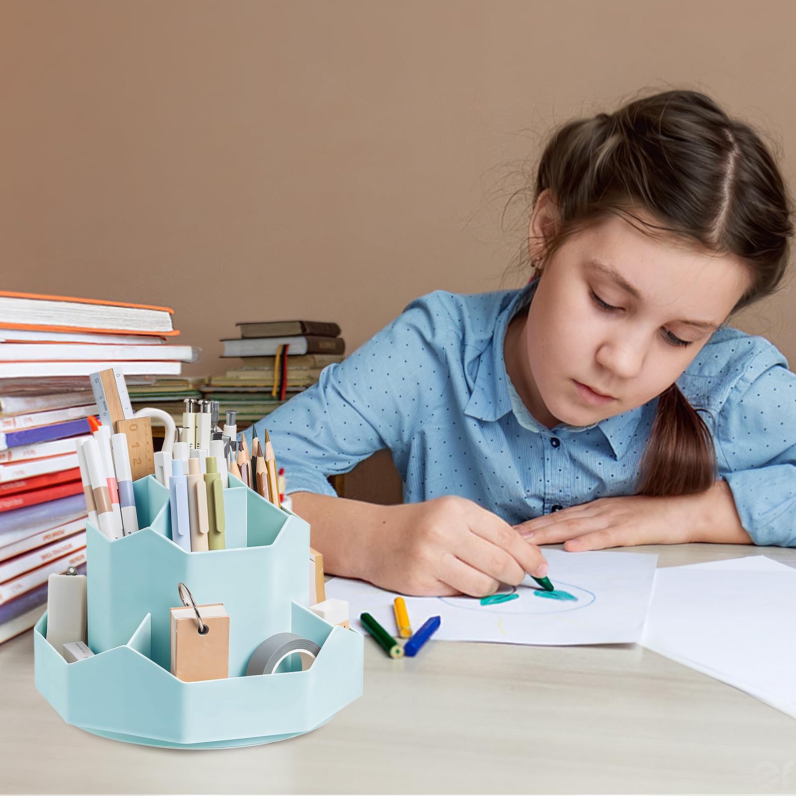360 Degree Rotating Pen Holder with 9 Slots - Blue Desk Organizer for Pencils, Pens & Office Supplies | Perfect for Home, Office & School Workspace Organization