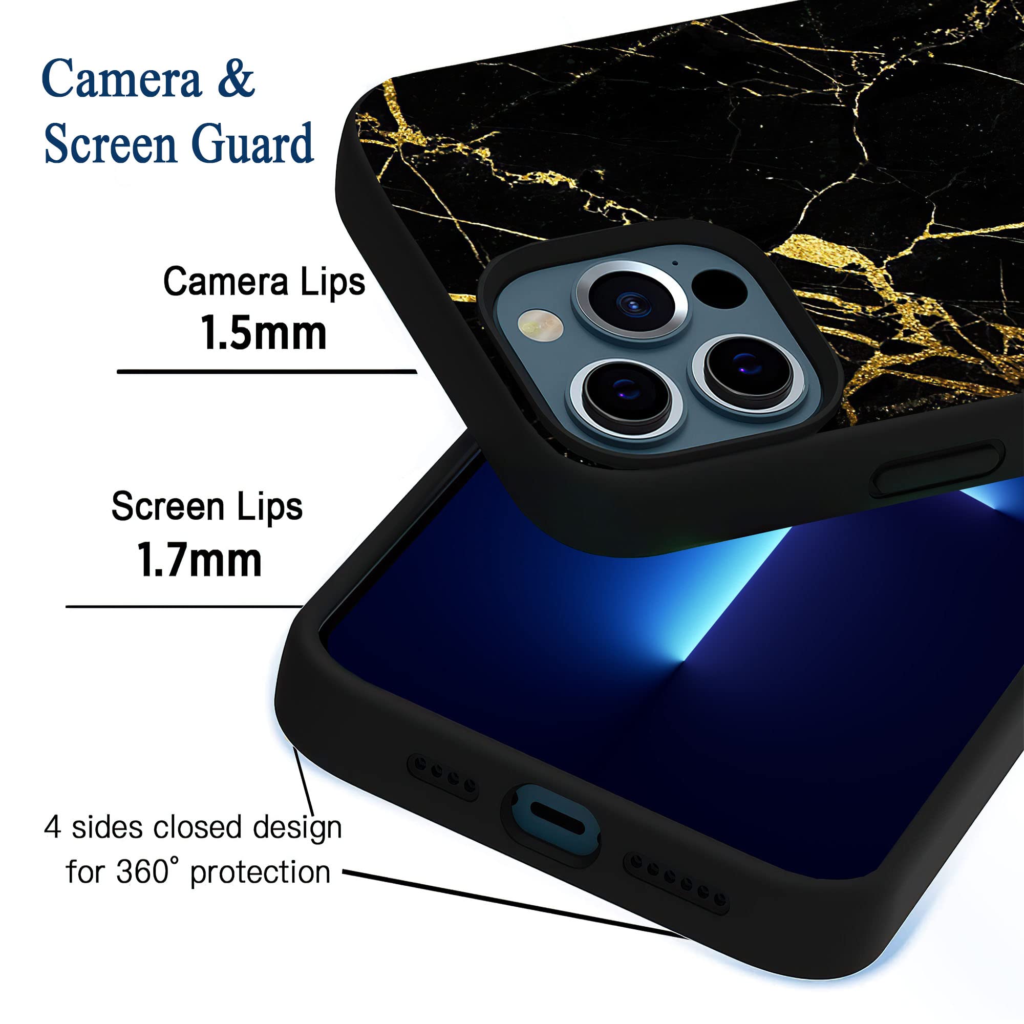 Shockproof Liquid Silicone Case for iPhone 13 Pro Max 6.7 inch - Soft Gel Rubber Protective Cover with Black Gold Marble Design | Durable Full-Body Protection for Everyday Use, Travel & Outdoor Activities