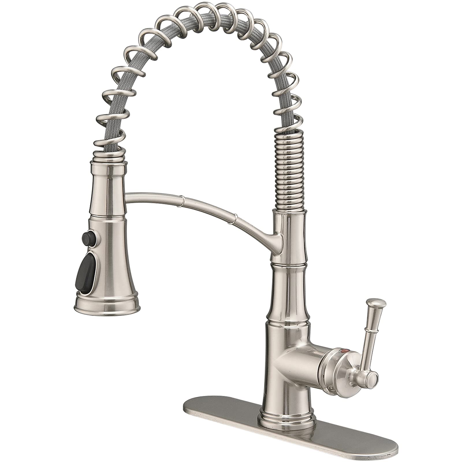 **BWE Commercial Kitchen Sink Faucet - Brushed Nickel High Arc Single Handle Pull Down Sprayer with 3 Functions, Oversized Deck Plate, Lead-Free Gooseneck, Solid Brass Bar Faucet - Perfect for RV, Restaurant, and Home Kitchen Use**