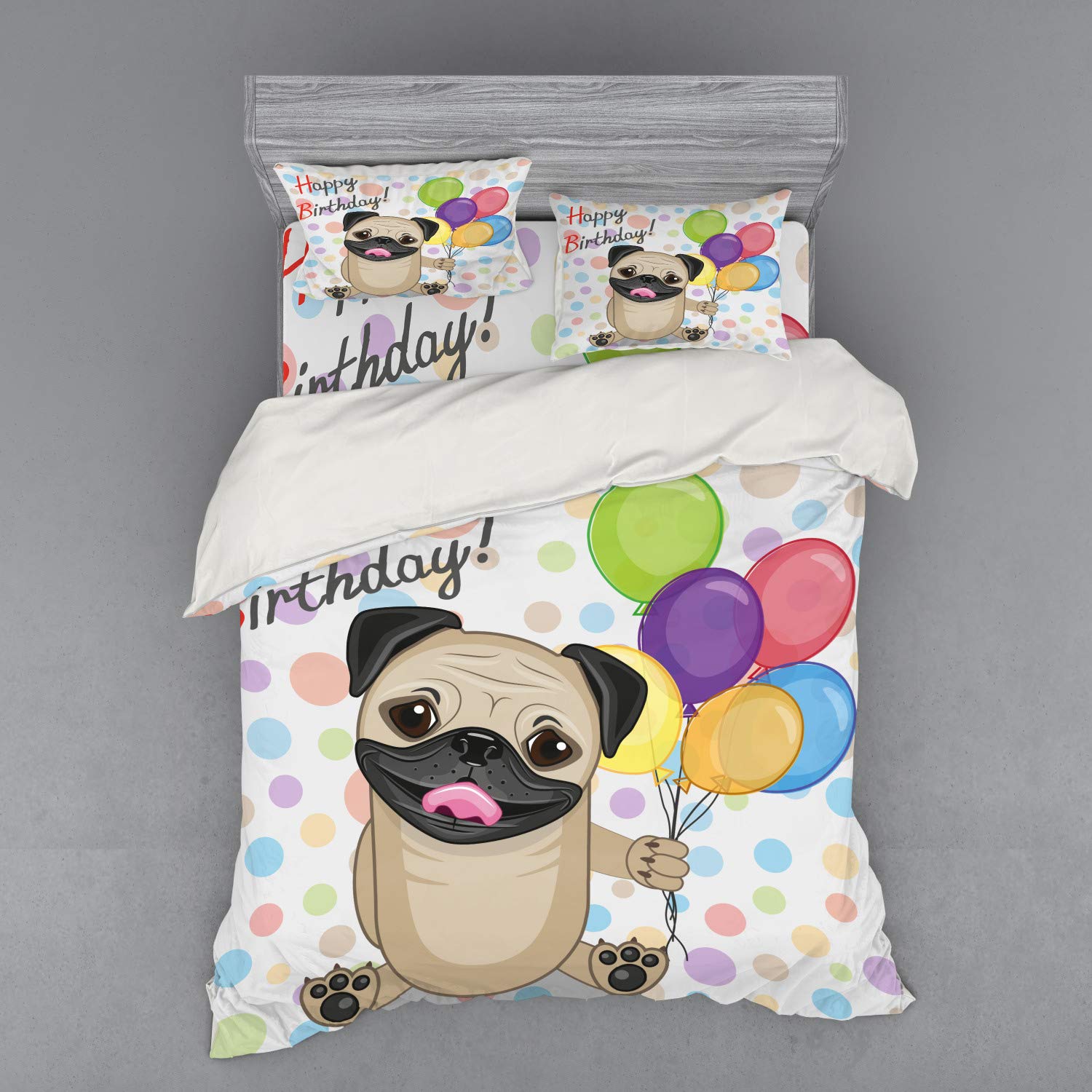 Ambesonne 4-Piece Queen Size Dog Themed Duvet Cover Set - Cute Smiling Pug with Balloons Birthday Bedding Collection (Duvet Cover + 2 Shams + Fitted Sheet) | Fun Animal Print Home Decor for Dog Lovers | Perfect for Birthday Gifts, Kids Rooms & Pet-Themed Bedrooms