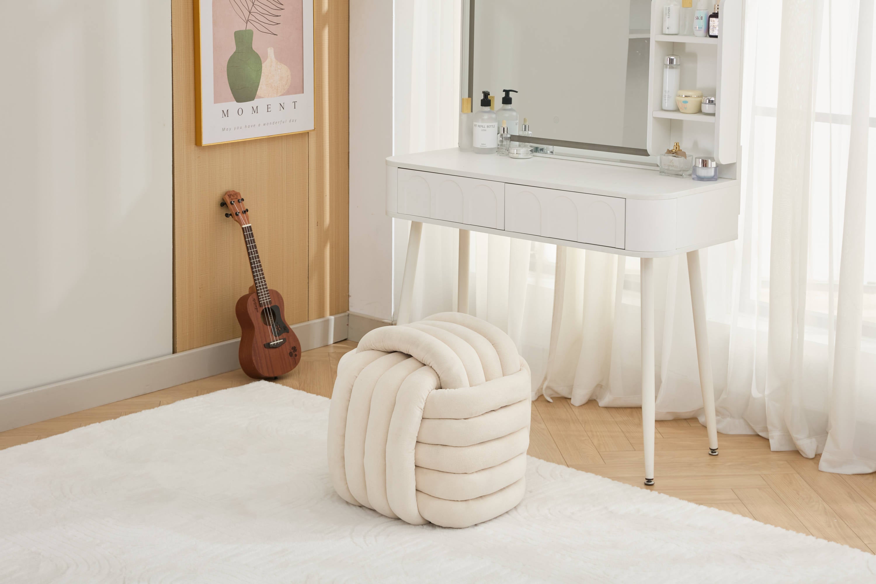 Modern Chenille Fabric Knot Design Ottoman Stool - Comfortable Footrest & Makeup Seat for Living Room, Bedroom - Beige Home Decor Accent | Perfect for Lounging, Vanity & Nursery Use