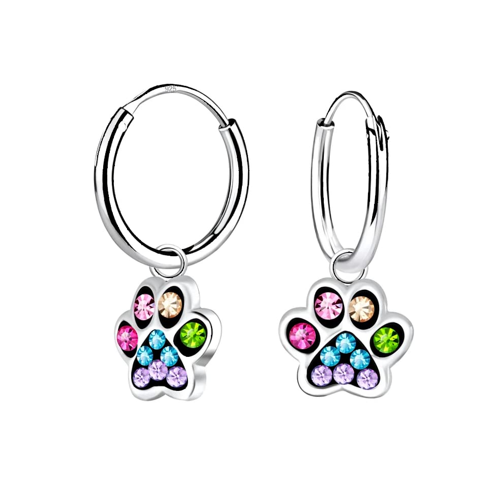 Dangling Dog & Cat Paw Print Hoop Earrings with Crystal Stones - 925 Sterling Silver Jewelry for Pet Lovers | Perfect Gift for Animal Enthusiasts & Everyday Wear