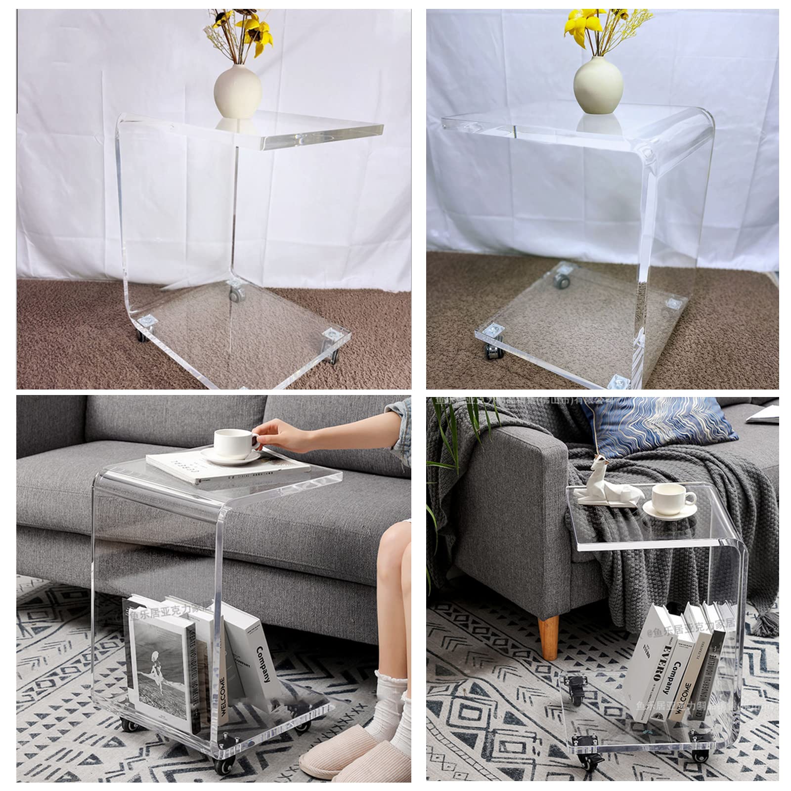 **DYRABREST Clear Acrylic Side Table with Wheels - Multifunctional Sofa Tray Table for Snacks, Drinks & Essentials - Perfect for Living Room, Bedroom & Office Use**