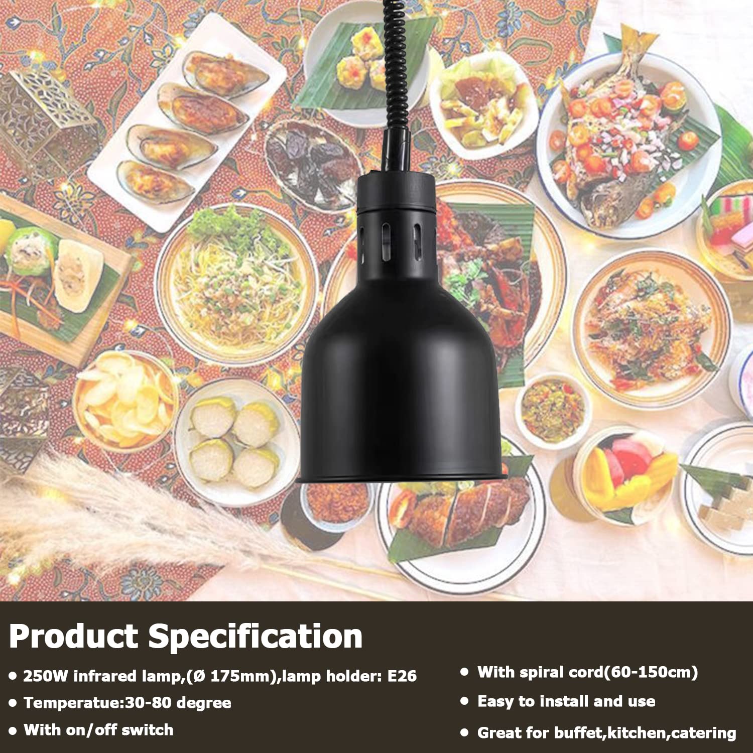 Commercial Black Hanging Food Heat Lamp - Buffet Warmer for Restaurants