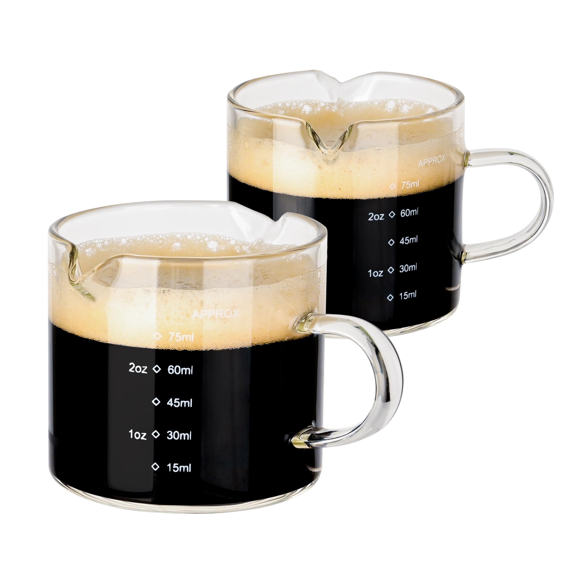 Double Spout Espresso Shot Glass with Handle - 75ML/2.5OZ Clear Measuring Cup - Perfect for Coffee Shops, Home Baristas & Cocktail Making (Set of 2)