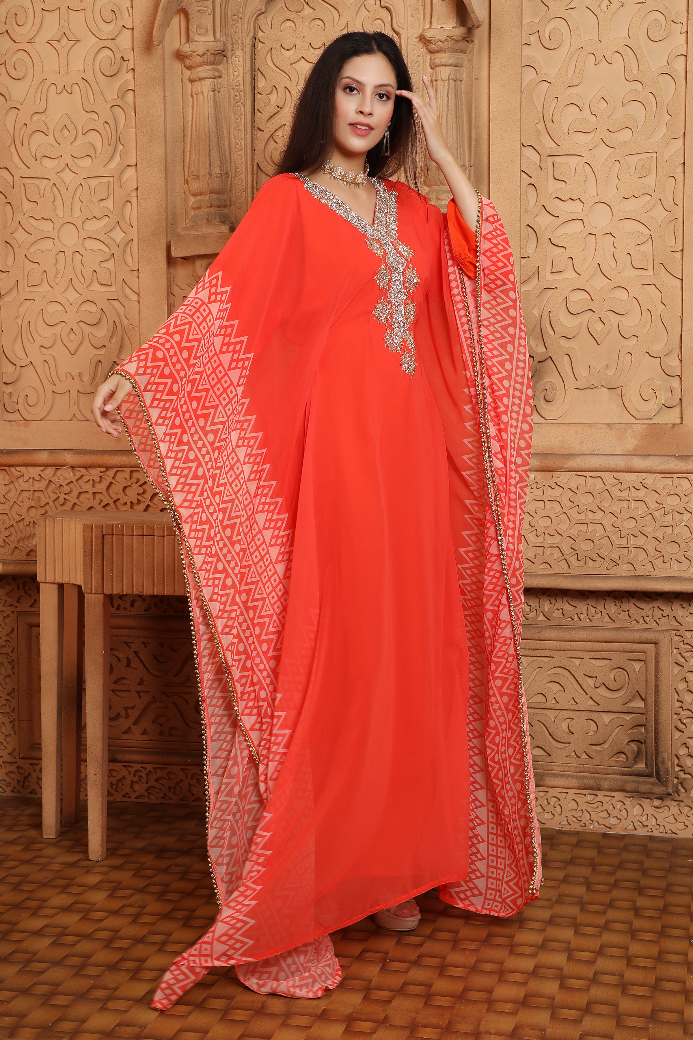 Hand Embroidered Georgette Printed Farasha Kaftan Dress - Orange Boho Maxi Dress for Women | Perfect for Beach Vacations, Summer Parties & Casual Outings