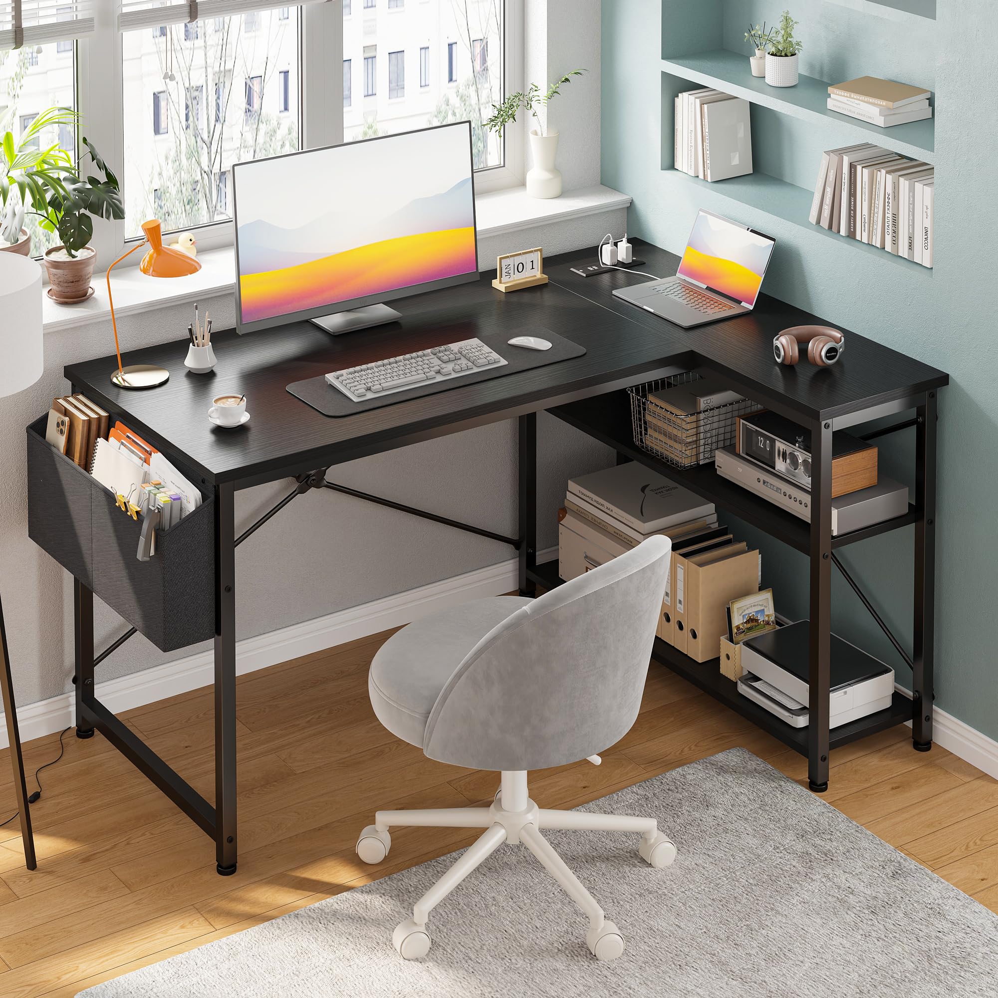 40 Inch Small L-Shaped Desk with Storage Shelves & Side Pocket - Computer Desk with Power Outlets, Reversible Design & X-Shaped Support - Perfect for Home Office, Bedroom, Dorm & Small Spaces (Black)