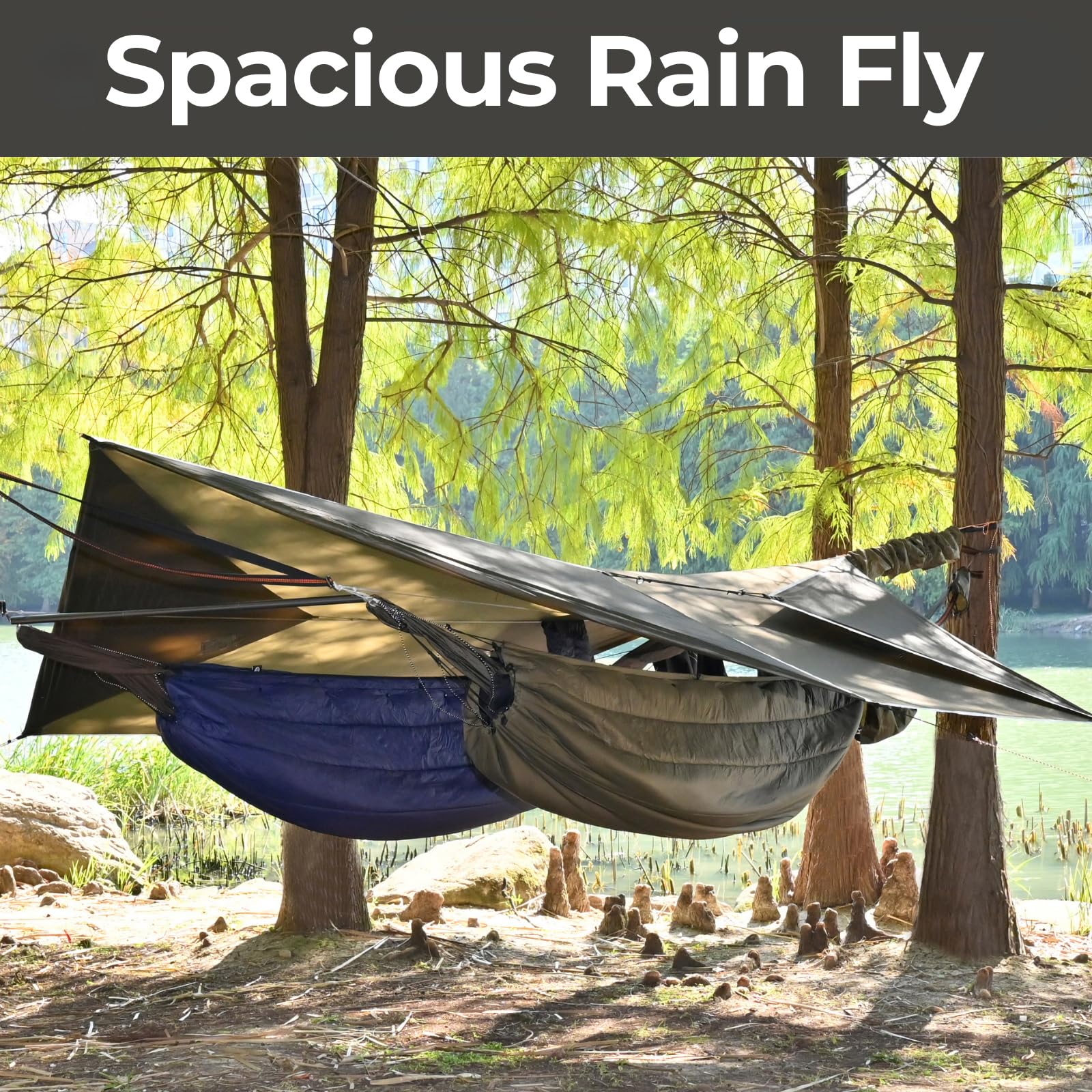 OneWind 12x10 ft Ultralight Silnylon Hammock Rain Fly - Waterproof Camping Tarp with Doors, Easy Setup with Stuff Sack & Tent Stakes (OD Green) - Perfect for Backpacking, Hiking, and Outdoor Shelter