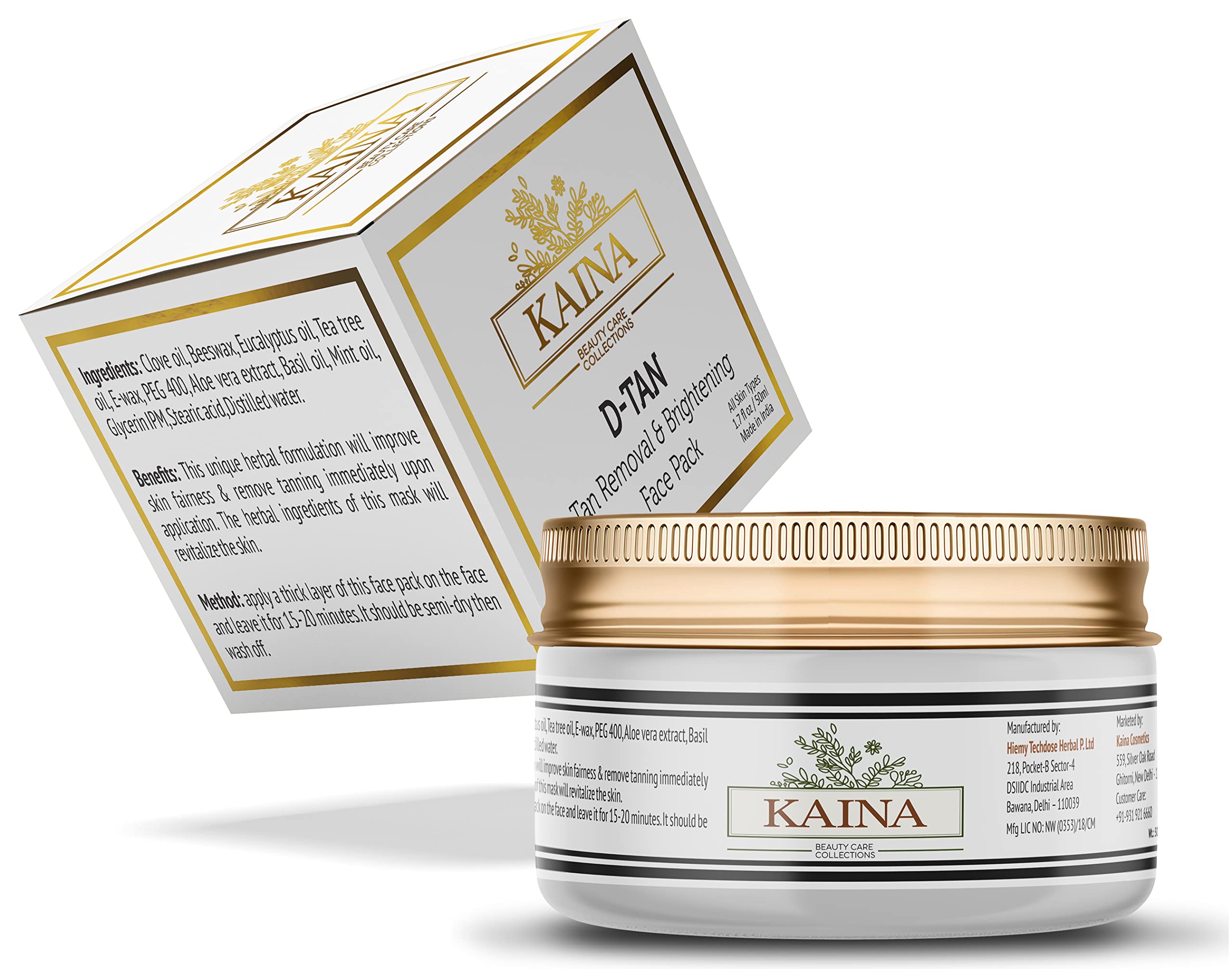 Kaina Beauty D Tan Face Pack - Instant Tan Removal, Skin Brightening & Lightening | 100% Organic Glow Booster with Sun Damage Protection (50g) - Perfect for Summer, Beach & Post-Sun Care
