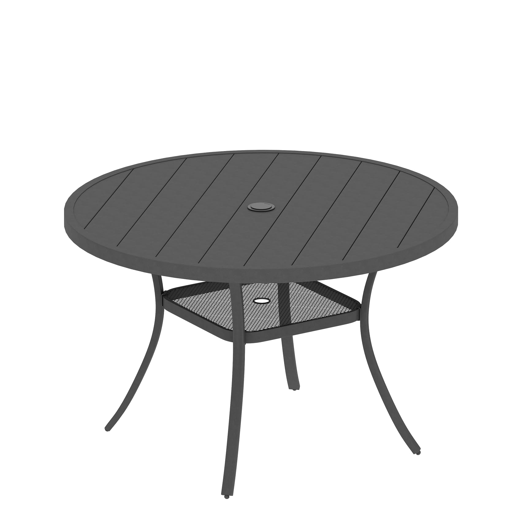 VICLLAX 47 Inch Round Outdoor Patio Dining Table with Adjustable Umbrella Hole - Metal Slatted Tabletop for Deck, Lawn, Garden & Backyard - Dark Grey - Perfect for Outdoor Entertaining, BBQs, and Family Gatherings