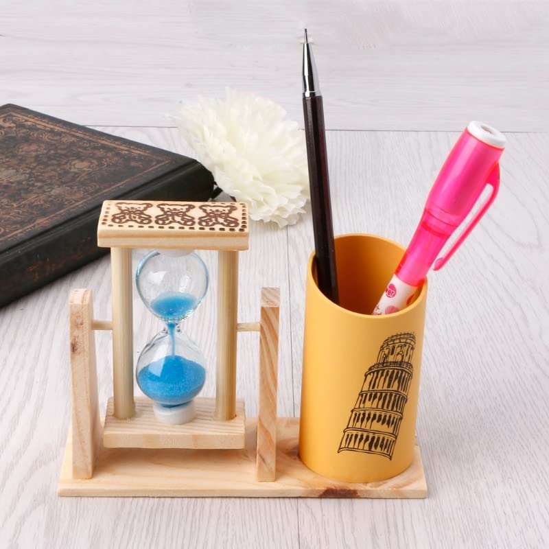 Wooden Timer Pen Holder with Hourglass - Stylish Office Desk Organizer for Pencils & Pens - Perfect for Home Office, Study, and Workstation Organization
