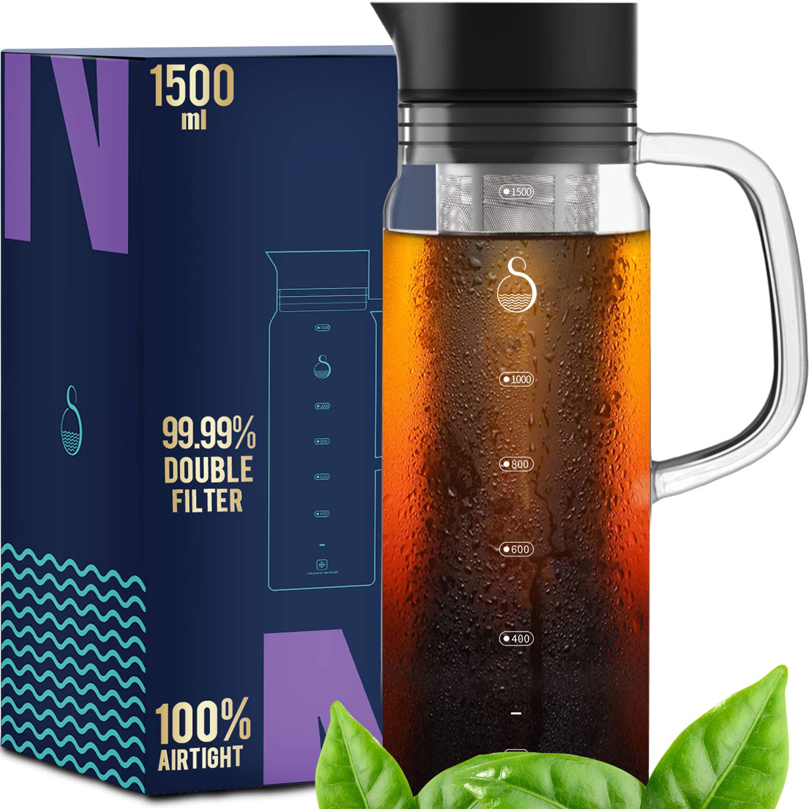 Premium Cold Brew Coffee Maker - 1.5L/51oz Glass Iced Coffee & Tea Maker with Airtight Lid - Perfect for Home, Office & Outdoor Use
