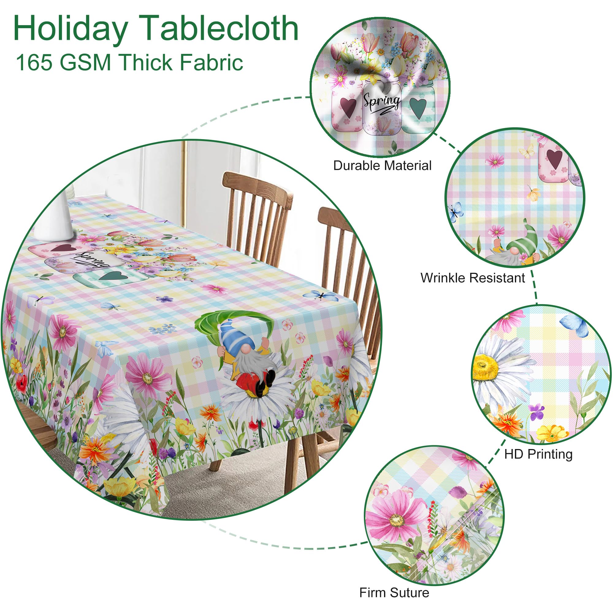 70 Inch Round Spring Tablecloth with Gnome Flowers & Buffalo Check Plaid - Waterproof Kitchen Table Cover for Dining Room Decor, Indoor Outdoor Party & Easter Celebration