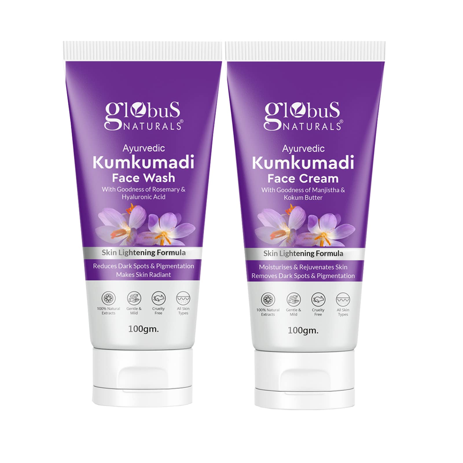 Globus Naturals Kumkumadi Skin Brightening Face Care Combo Set - 2 Products (Face Wash & Face Pack) for Glowing Complexion | Ayurvedic Skincare for Hyperpigmentation & Dark Spots | Perfect for Daily Routine & Special Occasion Prep