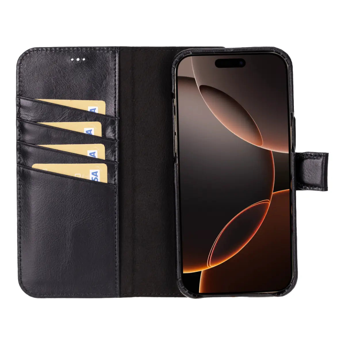 Premium Black Leather Wallet Case for iPhone 16 Pro Max - RFID Protection & Card Slots | Slim Protective Cover for Everyday Use, Travel & Business