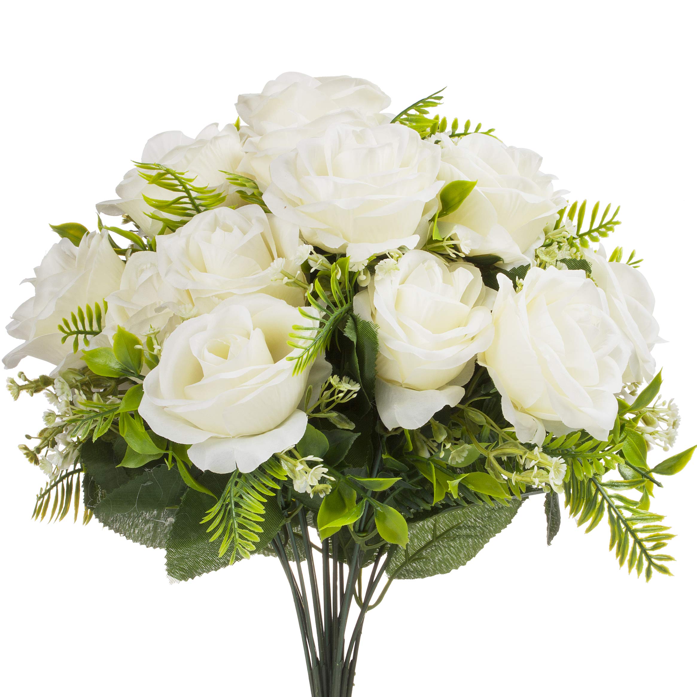 Enova Home 18 Heads Cream Silk Rose Flower Arrangement in Clear Glass Vase with Faux Water & River Stones - Elegant Wedding Centerpiece, Home Decor, Table Decoration for Living Room, Dining Table, Office Desk