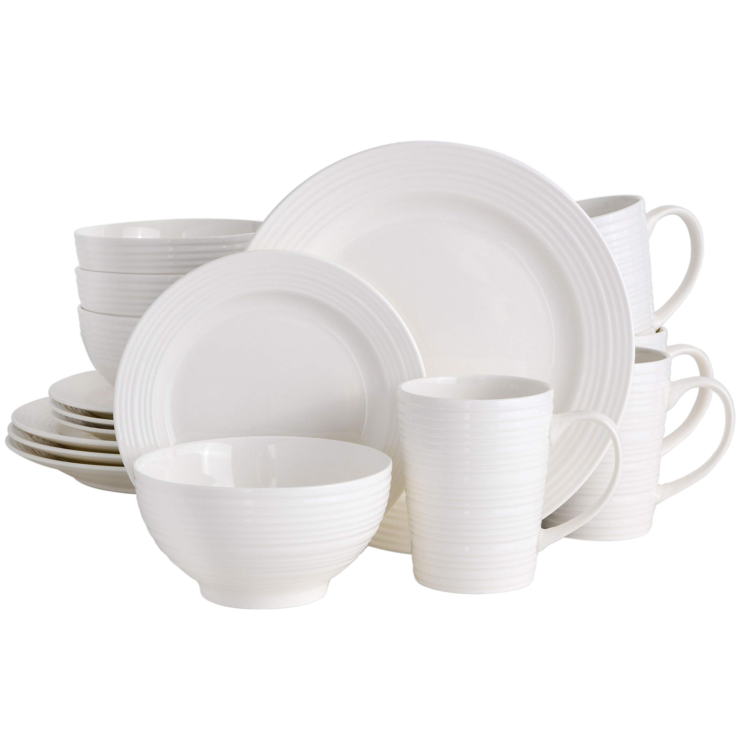 Gibson Home Amelia Court 16-Piece Dinnerware Set - White Porcelain Dinner Plates, Salad Plates, Bowls & Mugs - Elegant Tableware for Everyday Dining, Dinner Parties & Holiday Gatherings