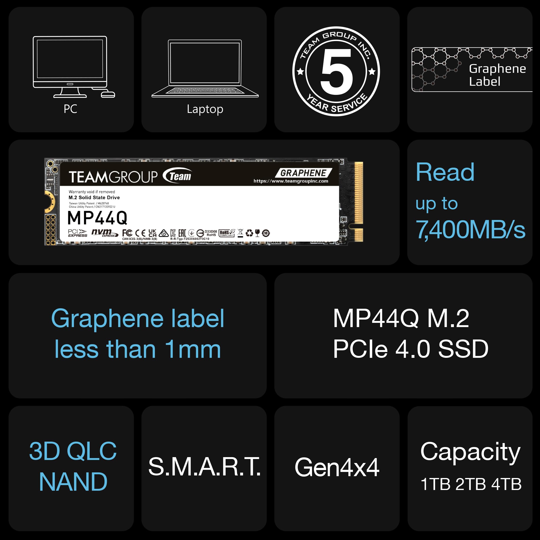 TEAMGROUP MP44Q 4TB PCIe 4.0 NVMe M.2 SSD - 7400MB/s Read, 6500MB/s Write - SLC Cache, Gen4x4 2280 - Compatible with Laptop, Desktop, NUC & NAS - High-Speed Storage for Gaming, Video Editing & Data Backup