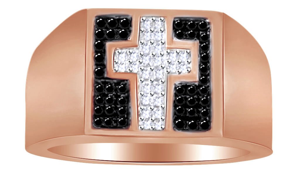 0.05 Ct Black & White Natural Diamond Cross Band Ring - Rose Gold Over Sterling Silver - Size 11.5 - Elegant Religious Jewelry for Women, Perfect for Church, Weddings & Special Occasions