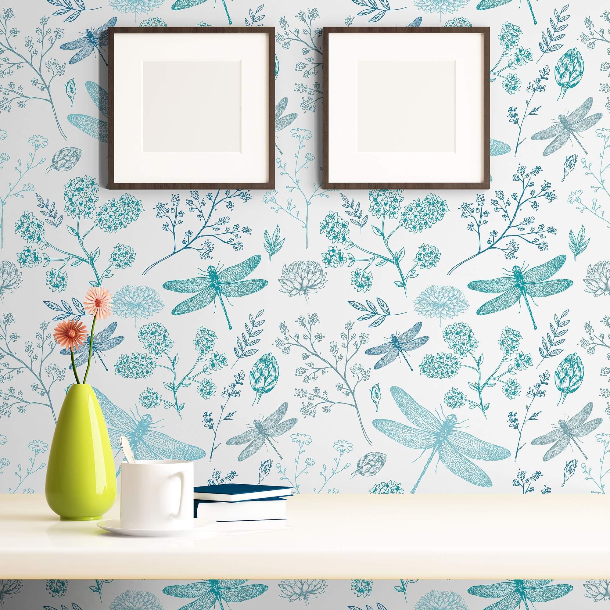 Navy Blue & Aqua Floral Animal Print Peel and Stick Removable Wallpaper - Self-Adhesive Decorative Wall Covering for Bedroom, Nursery, or Home Office Decor