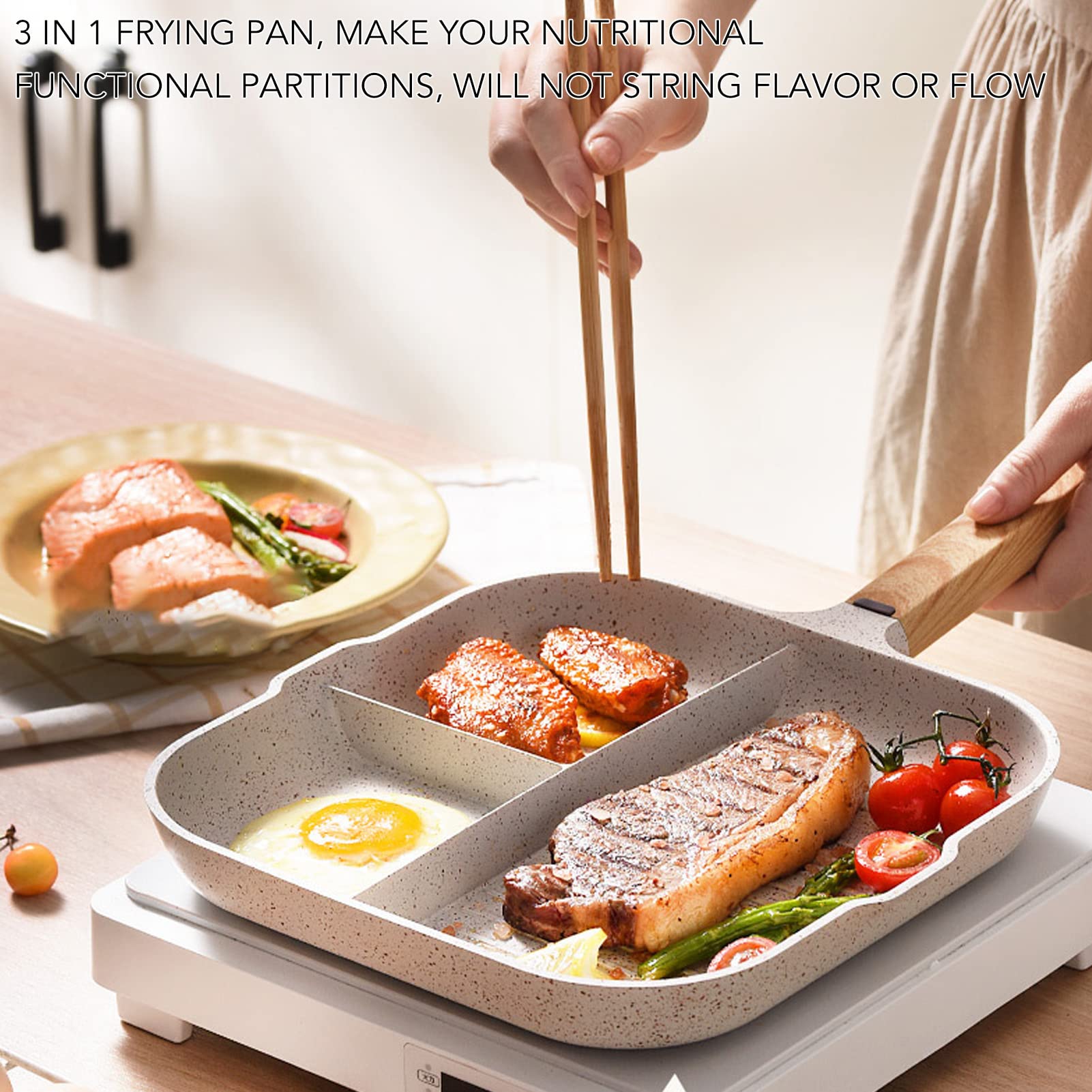 Nonstick 3-in-1 Divided Breakfast Pan - Egg, Bacon & Burger Skillet with 3 Compartments | Lightweight Multi-Functional Griddle for Perfect Pancakes, Omelets & Sandwiches | Ideal for Camping, RV Trips & Quick Breakfasts