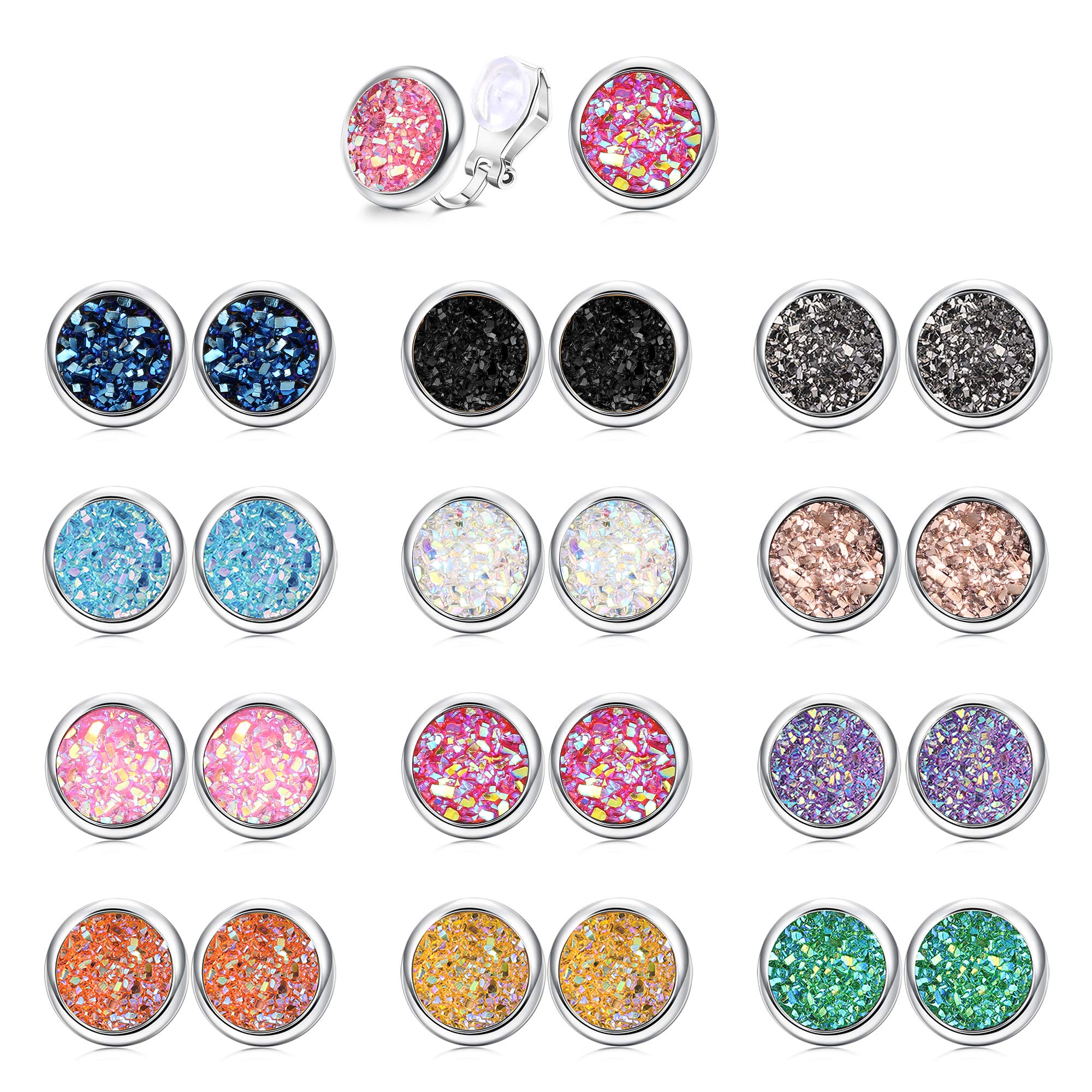 12 Pairs Faux Druzy Clip On Earrings for Women & Men - Colorful Non-Pierced Round Stud Earrings for Sensitive Ears - Hypoallergenic Fashion Jewelry Set for Party, Wedding & Everyday Wear