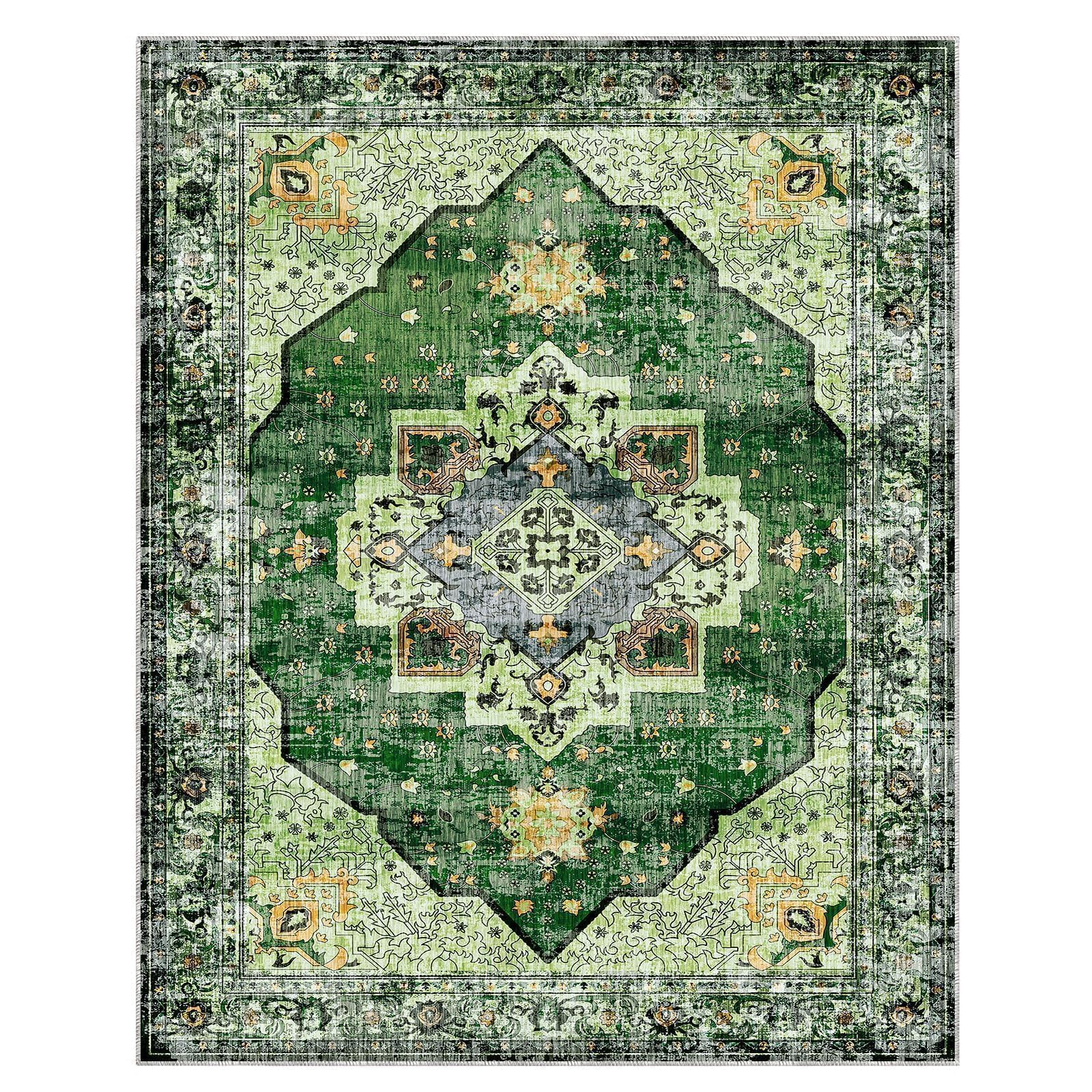 8x10 Area Rugs for Living Room & Bedroom - Faux Wool Low-Pile Non-Slip Washable Carpet with TPR Backing - Durable Green Large Rug for High Traffic Areas - Perfect for Home, Office & Apartment Decor