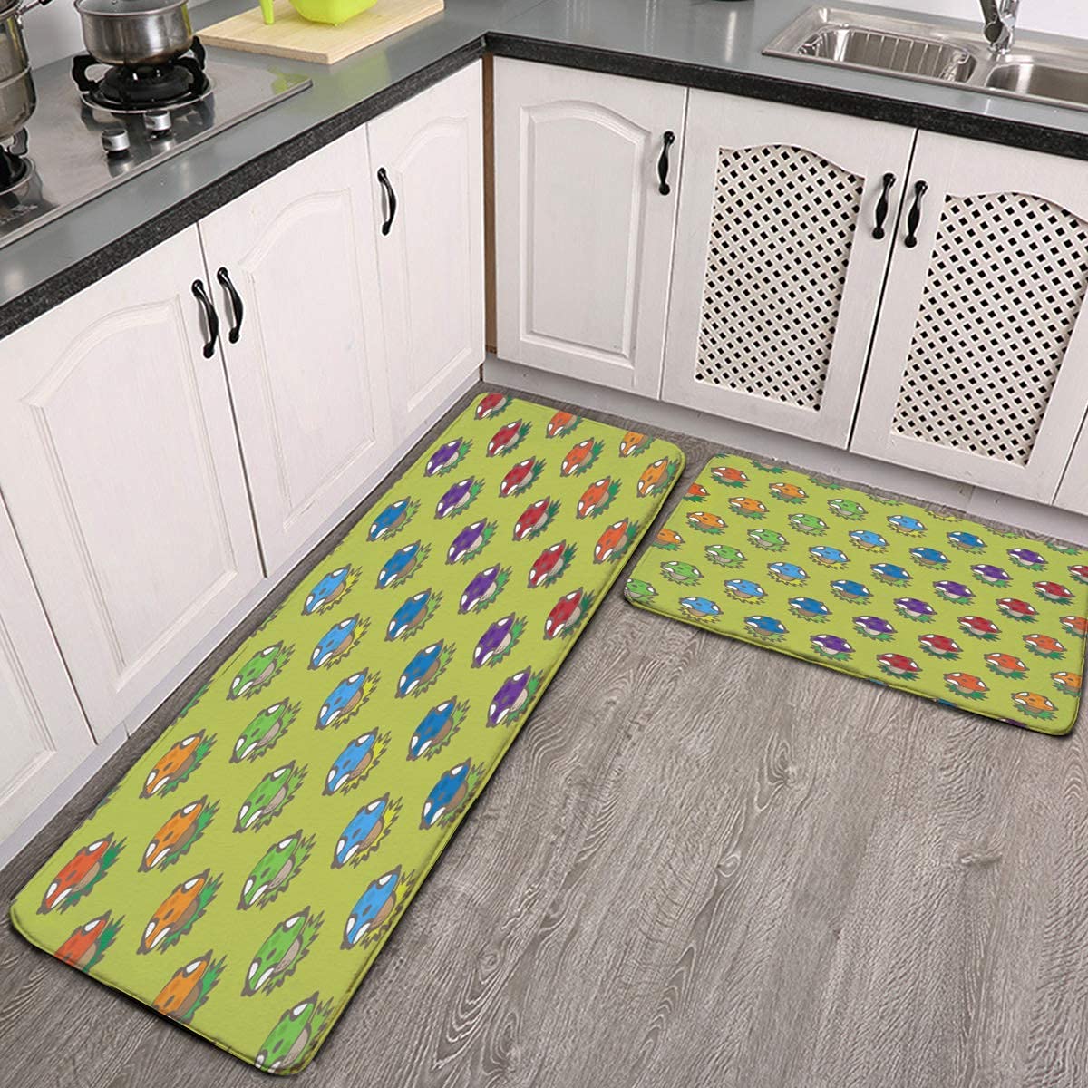 2-Piece Colorful Mushroom Cartoon Kitchen Rugs Set - Non-Slip Cushioned Anti-Fatigue Floor Mats for Home, Office & Standing Desks | Indoor Decor, Door Mat, Kitchen Runner