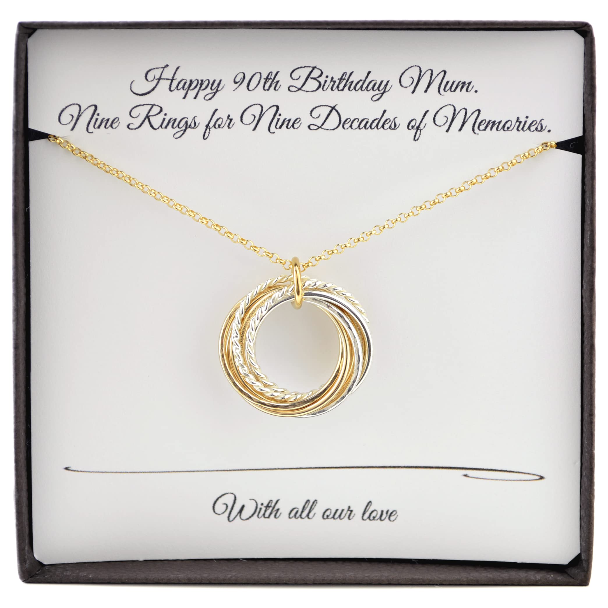 90th Birthday Gift for Mom - 9 Mixed Metals Necklace with October Opal Birthstone | 9th Anniversary Jewelry, 9 Rings Necklace | Perfect for Milestone Celebrations & Special Occasions