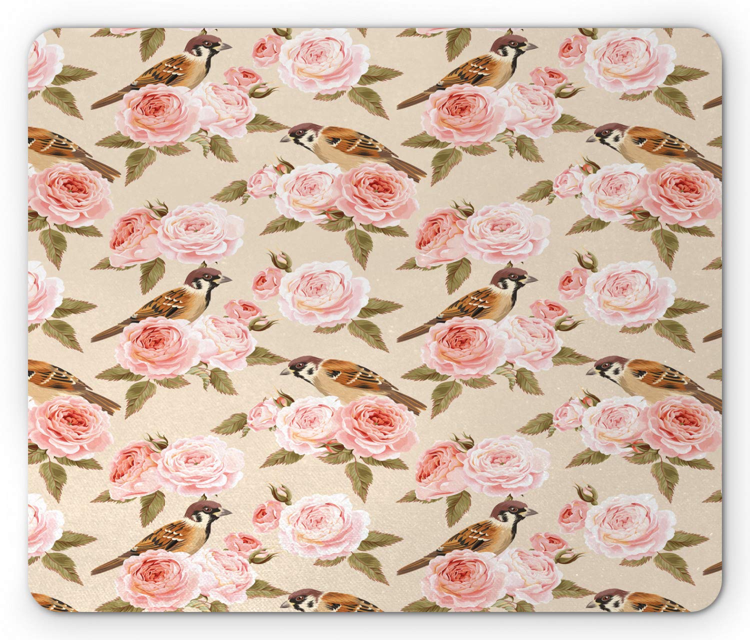 Ambesonne Floral Mouse Pad - Victorian Style Rose Flowers with Leaves & Sparrows, Non-Slip Rubber Base, Standard Size Rectangle Mousepad (Champagne Multicolor) - Perfect for Office, Gaming & Home Computer Setup