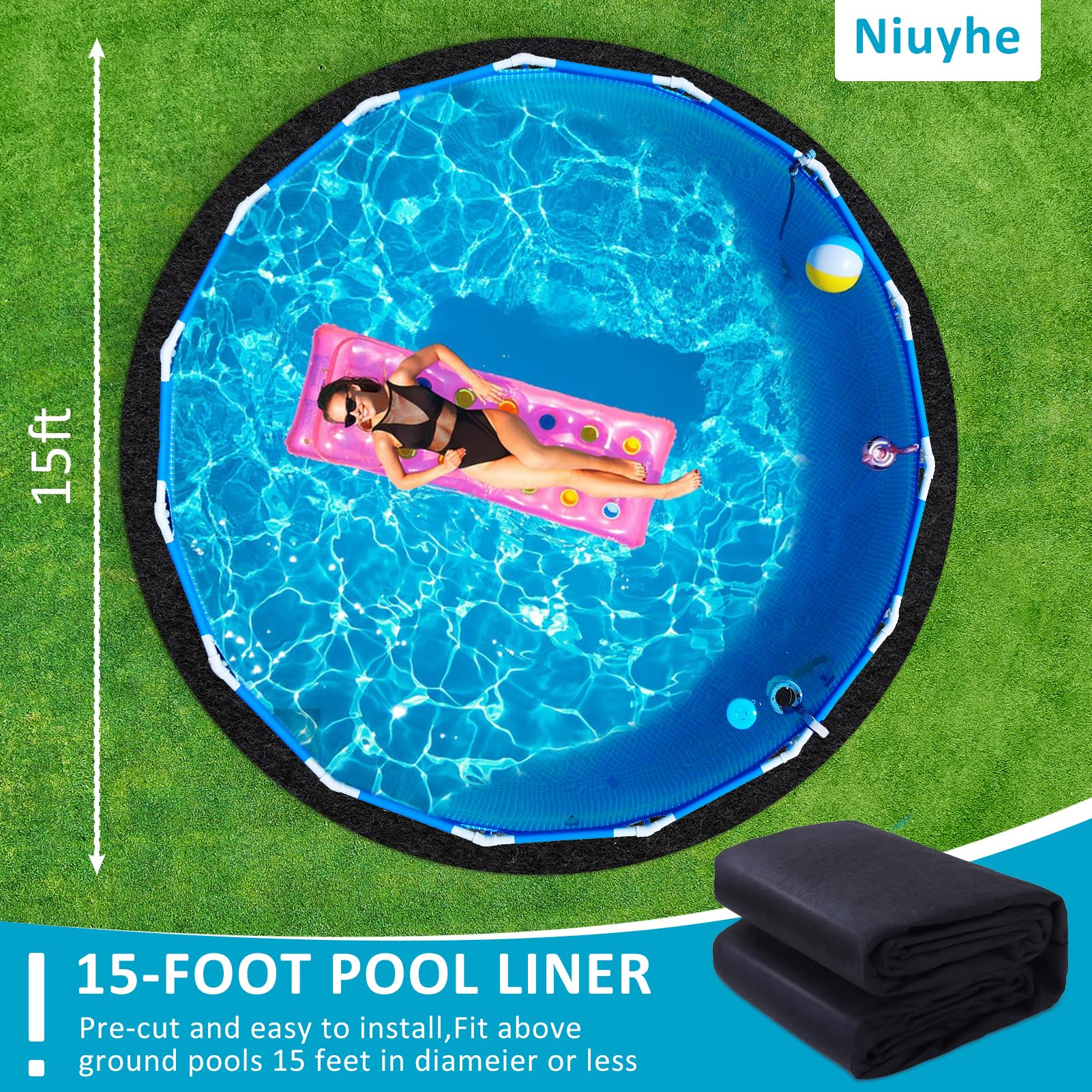 15FT Round Above Ground Pool Pad - Durable Geotextile Under Pool Mat for Puncture Protection | Extends Inflatable Pool & Hot Tub Liner Life | Perfect for Backyard, Patio & Outdoor Swimming Areas