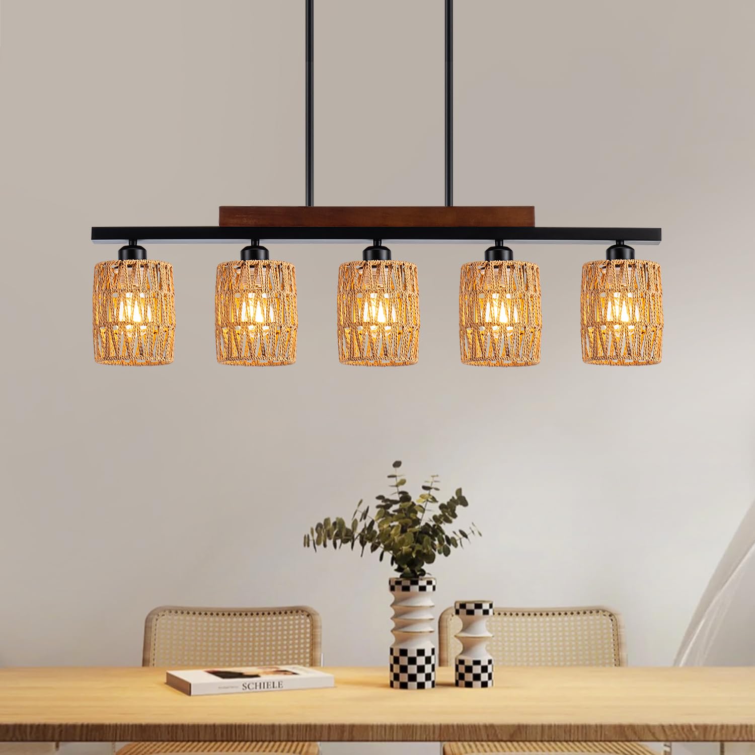 Rustic Rattan Farmhouse Chandelier - 5-Light Boho Dining Room Pendant Light with Adjustable Height, Wood & Matte Black Linear Hanging Fixture for Kitchen Island, Dining Table, or Living Room Decor