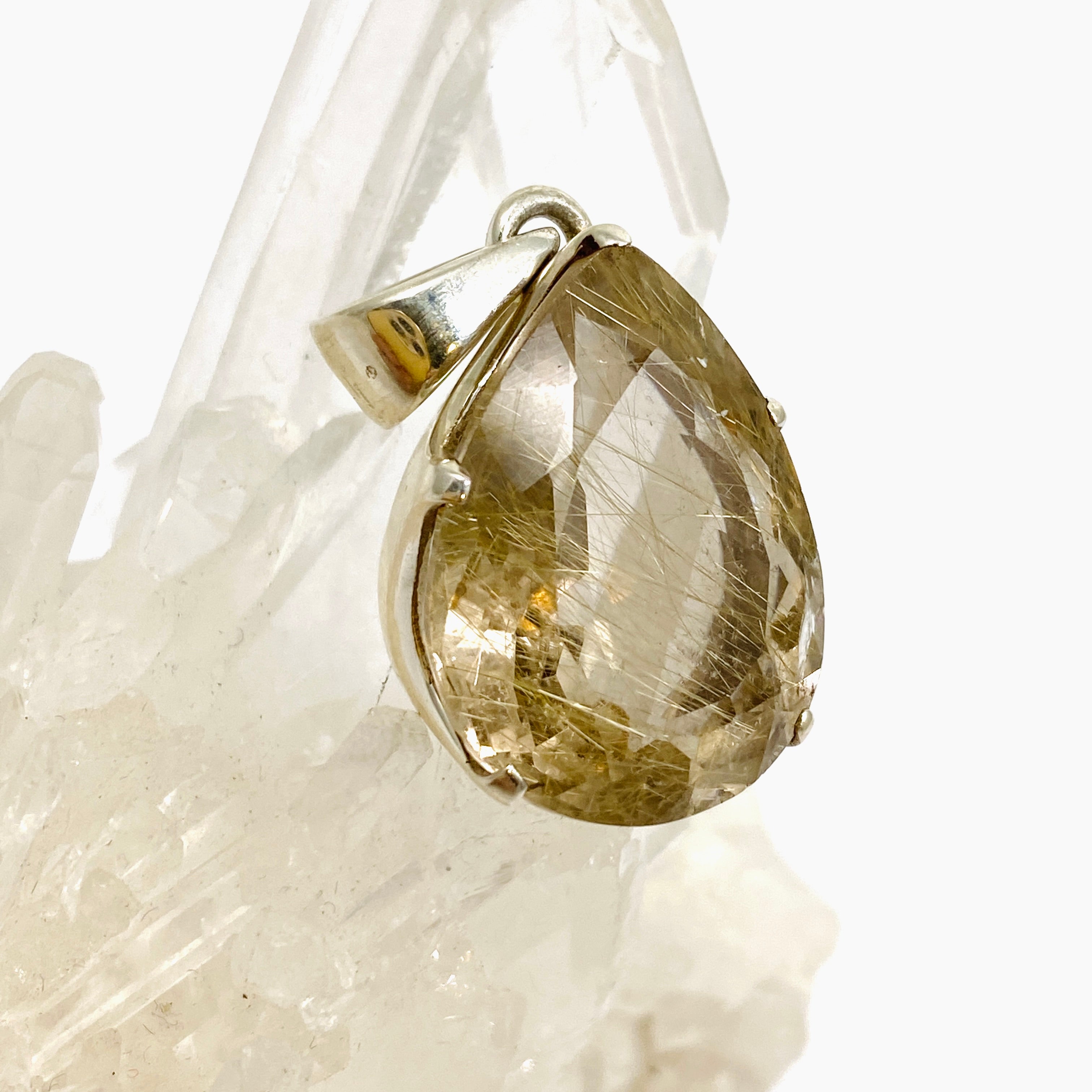Golden Rutile Quartz Teardrop Faceted Pendant Necklace - Natural Gemstone Jewelry for Women - Perfect for Gifts, Meditation & Spiritual Healing