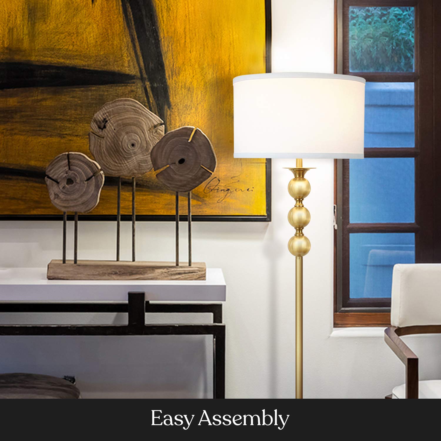 Brightech Riley LED Floor Lamp - Modern Mid-Century Standing Lamp with Drum Shade for Living Room, Bedroom & Office - Gold/Brass Finish - Perfect for Reading, Working & Boho Home Decor