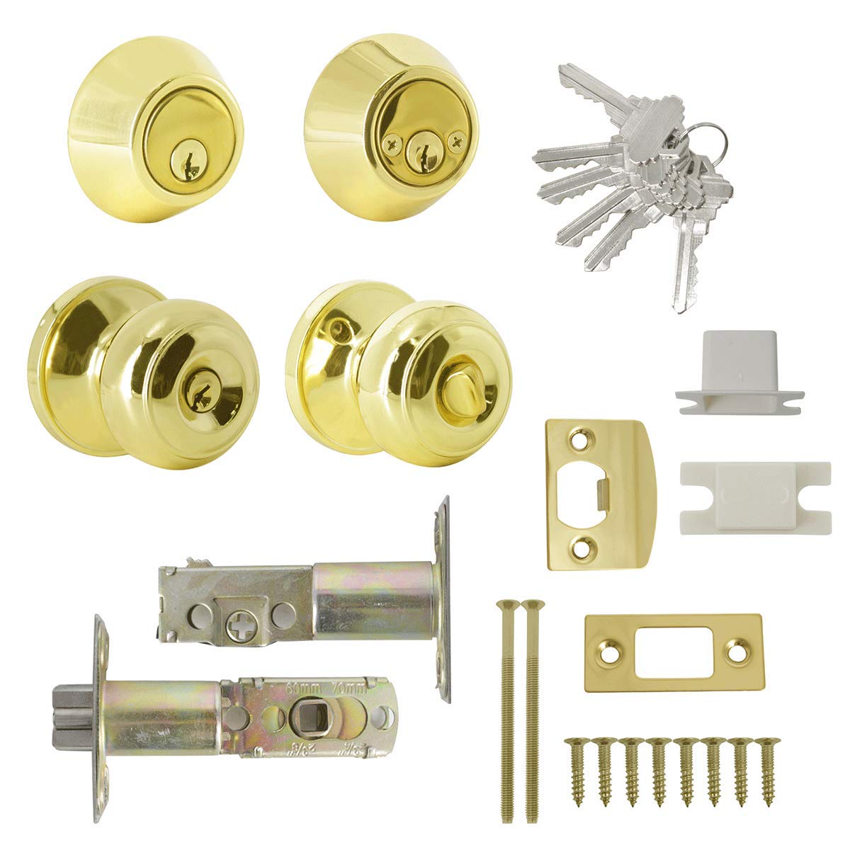 (6 Pack) Keyed Alike Entry Door Knobs with Double Cylinder Deadbolt Lock Combo Set - Polished Brass Finish for Front Door, Entrance & Home Security - Perfect for Apartments, Offices & Rental Properties