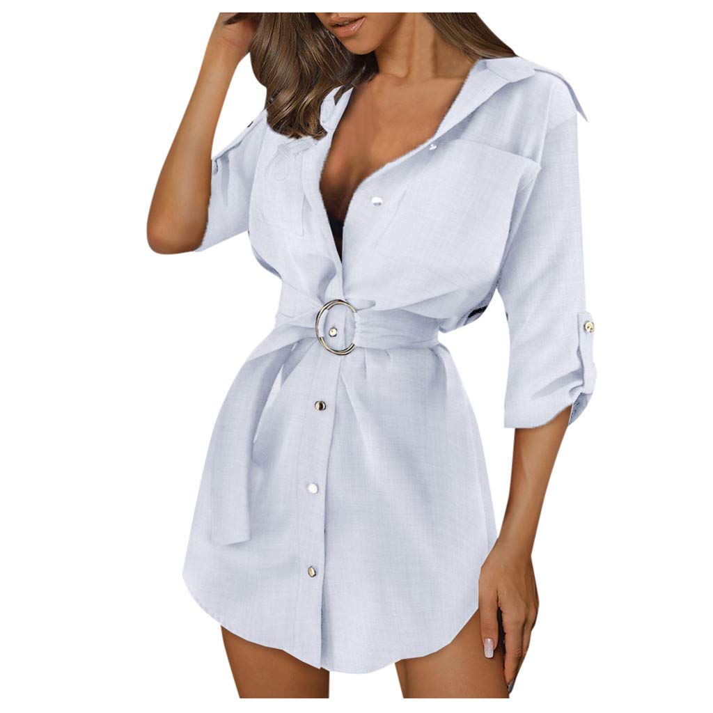 Stylish Women's Autumn Office Casual Belted Shirt Blouse & Long Sleeve Mini Dress - Perfect for Work, Business Meetings & Fall Fashion Outfits