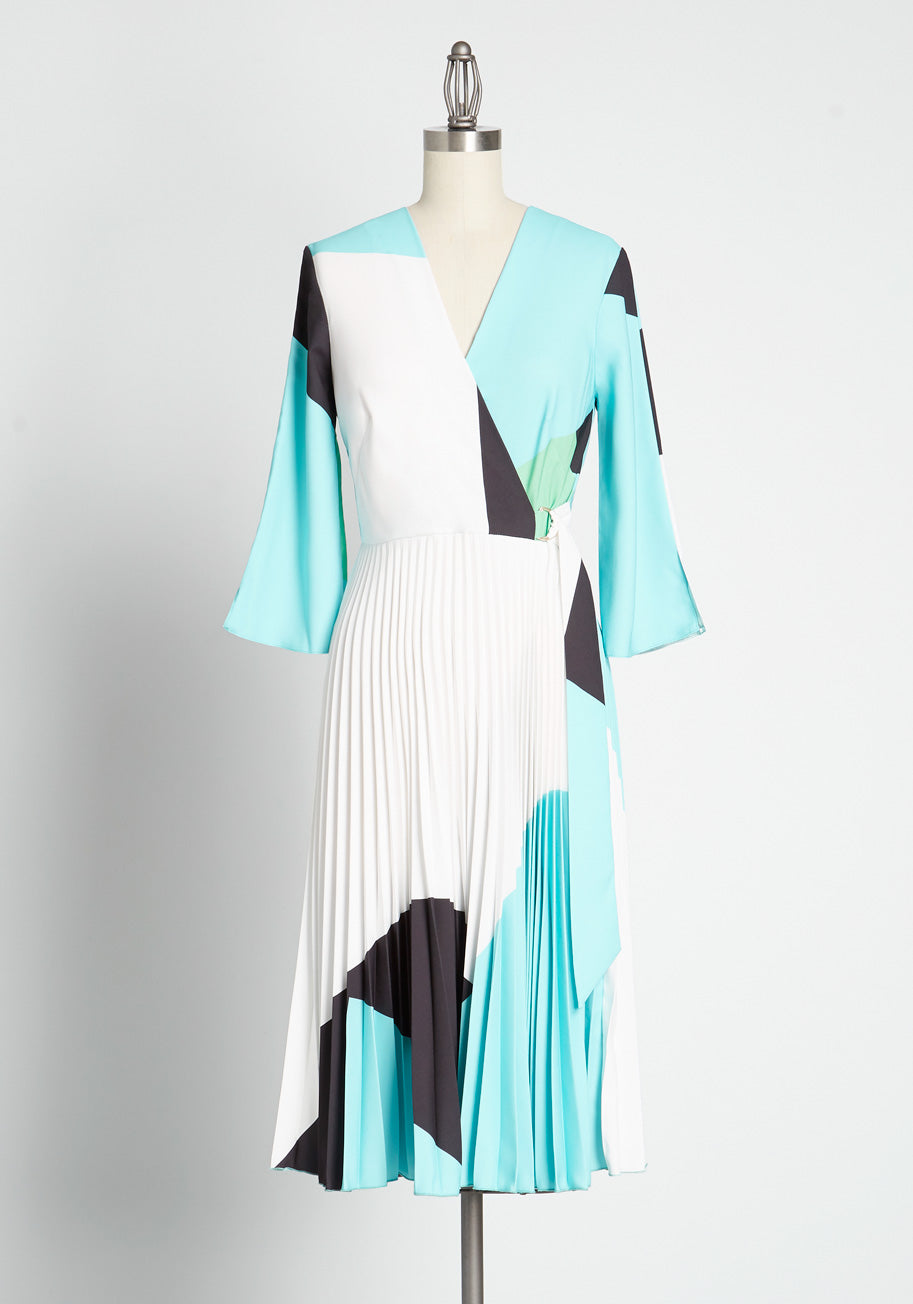Stylish Opposites Abstract Faux Wrap Dress for Women - Elegant Flowy Midi Dress for Office, Party & Date Night