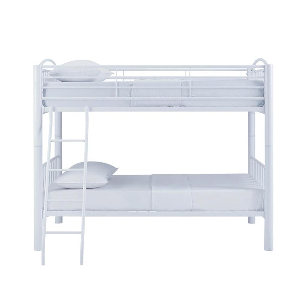 Powell Furniture Linon Heavy Duty Metal Twin Bunk Bed in White - Space-Saving Kids Bedroom Furniture for Siblings or Sleepovers