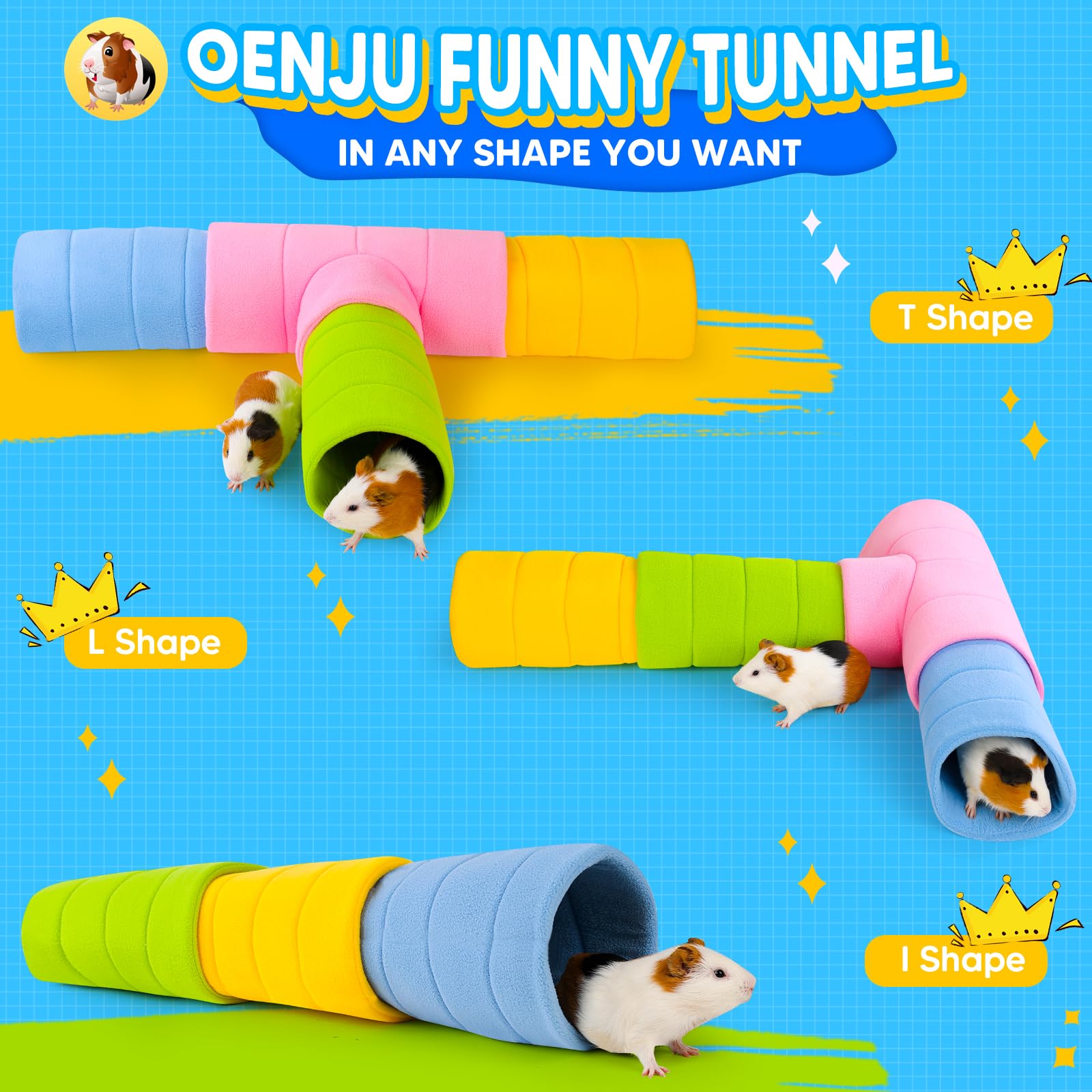 Guinea Pig Play Set - 4 Stackable Tunnels & 3 Two-Way Play Tubes for Small Pets - Pink, Blue, Green & Yellow Colors - Fun Interactive Toy for Hamsters, Rabbits & Rodents - Perfect for Cage Enrichment & Exercise