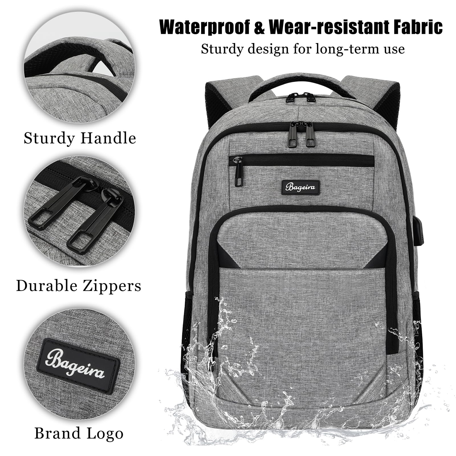 Durable 15.6 Inch Water Resistant Anti-Theft Laptop Backpack with USB Charging Port - Travel, School & Business Computer Bag for Men, Women & Teens - Perfect for College, High School, Commuting & Daily Use - Grey