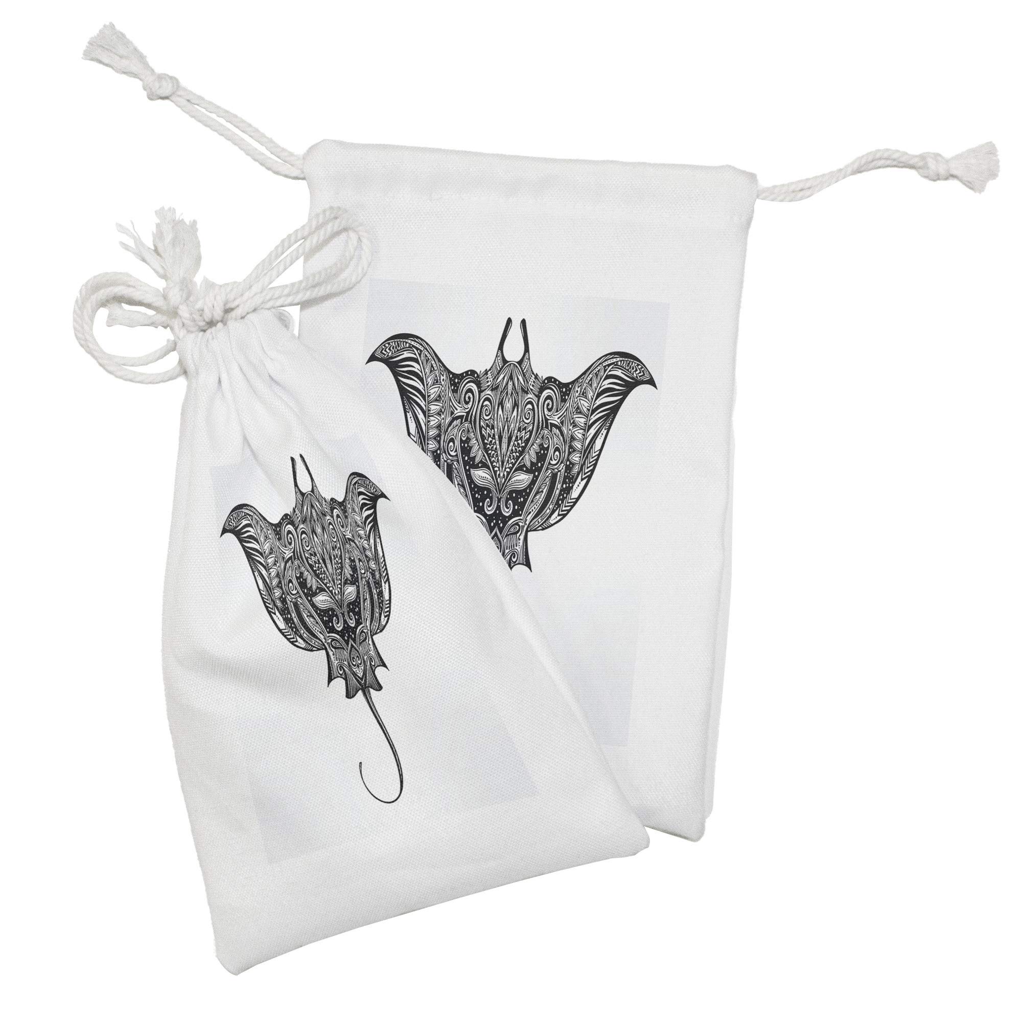 Ambesonne Black and White Fabric Pouch Set of 2 - Hand Drawn Cramp Fish Boho Style Drawstring Bags for Toiletries, Masks, Jewelry & Travel Essentials (9