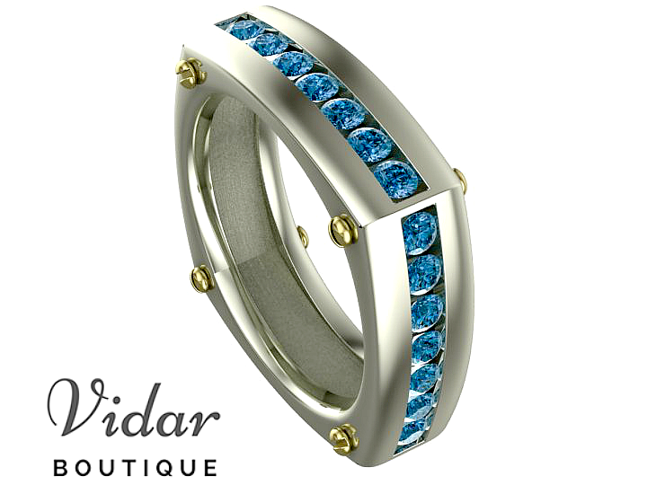 Unique Blue Diamonds Two-Tone Gold Wedding Band for Men - Elegant 14K White & Yellow Gold Ring with Genuine Sapphire Stones - Perfect for Engagement, Anniversary Gifts & Special Occasions