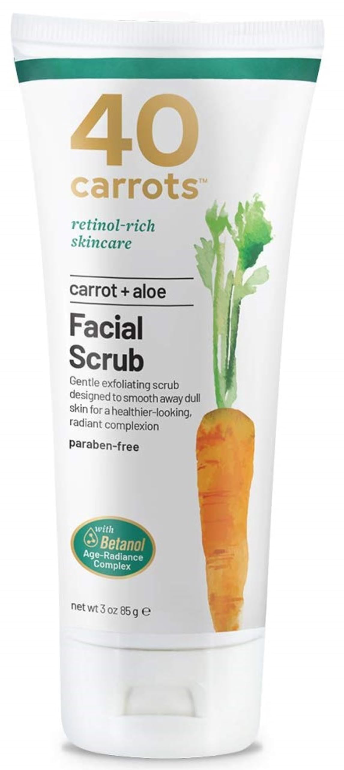 40 Carrots Carrot Aloe Facial Cleansing Scrub - Improves Skin Tone & Texture for Softer Radiant Skin | USA Made, Paraben & Cruelty Free (3oz) | Gentle Exfoliation for Daily Skincare Routine & Acne Prone Skin