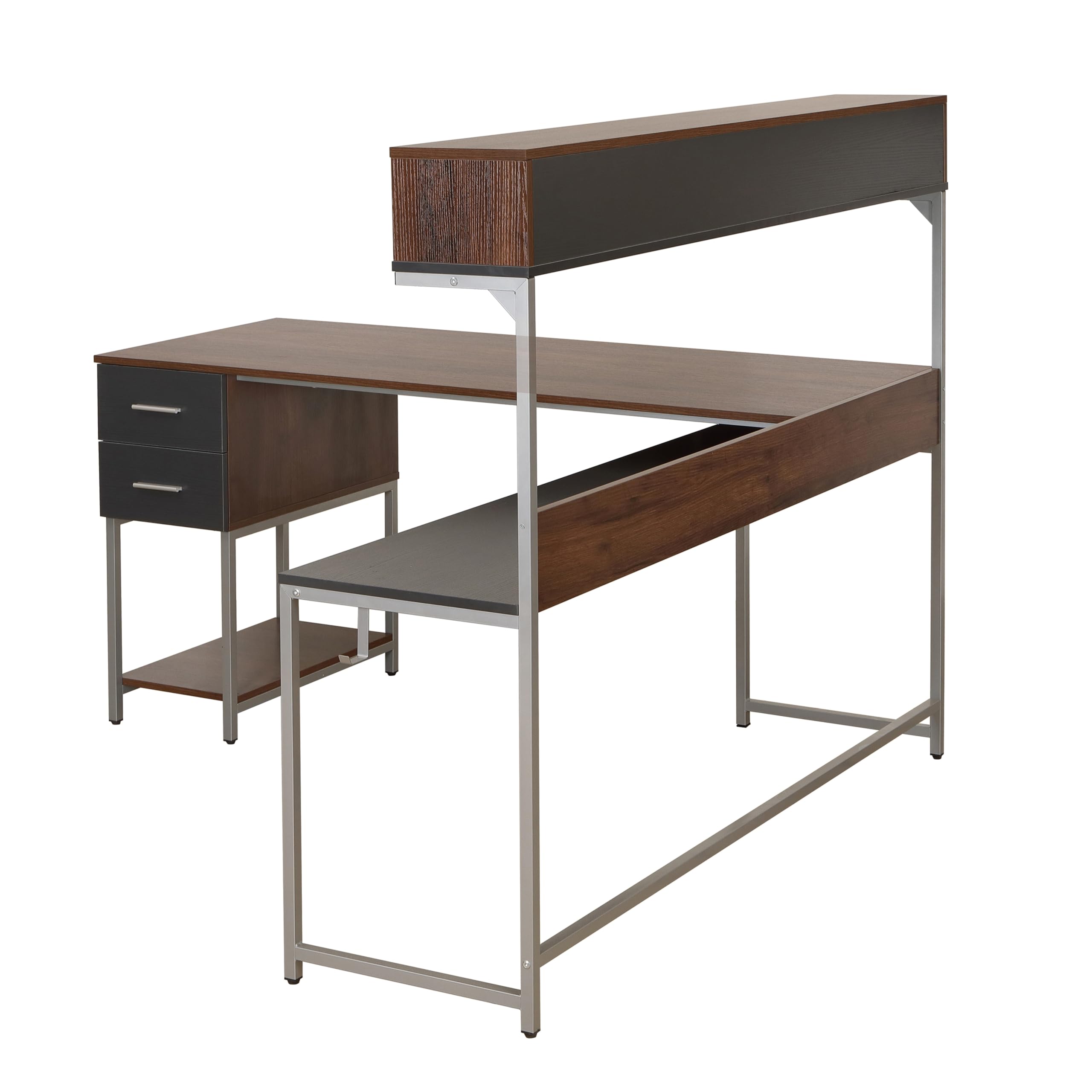 Techni Mobili L-Shaped Corner Computer Desk with Hutch, Storage Drawers & Open Shelf - Walnut Home Office Workstation for PC, Printer & Study Space
