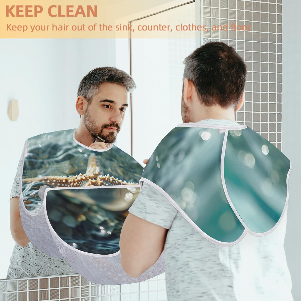 Men's Sea Shell Starfish Beard Shaving Bib - Waterproof Hair Dye Apron for Barbers & Stylists - Sink Hair Catcher for Beard Trimming & Lineup - Perfect Gift for Grooming & Salon Use