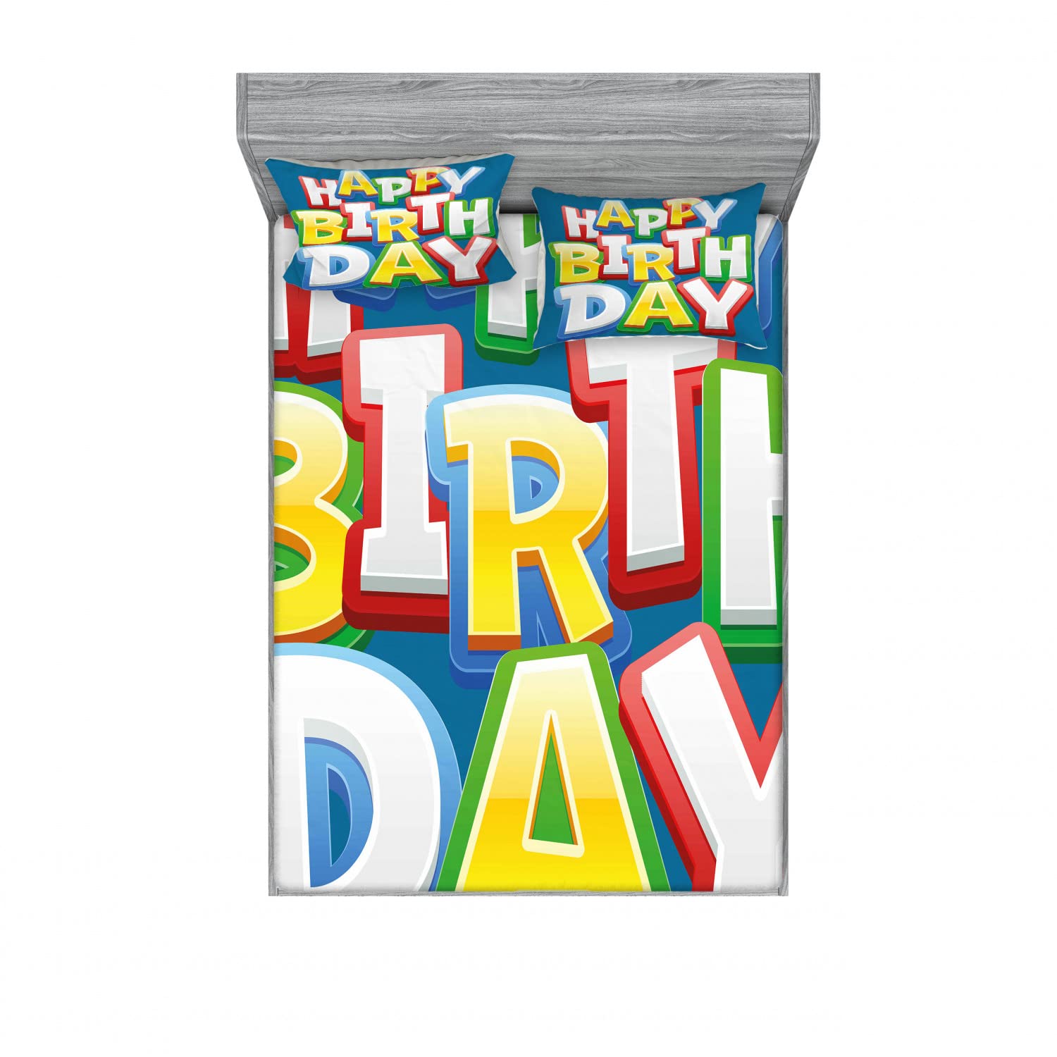Ambesonne 2-Pack Queen Size Fitted Sheets & 4 Pillow Shams Set - Colorful Birthday Lettering Bedding Decor for Party Room Decorations | Perfect for Birthday Celebrations, Sleepovers & Themed Bedroom Decor