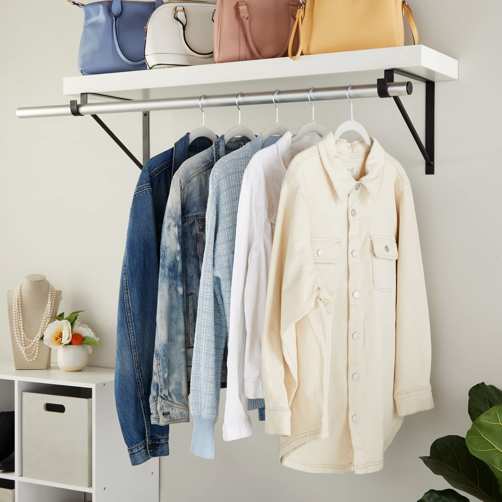 Okuna Outpost 4 Pack Black Metal Closet Shelf Bracket with Rod Holder - Heavy Duty Closet Organizer for Shelving & Home Storage (12.5 x 1 x 9.5 Inches) - Perfect for Bedroom Closet Organization, Laundry Room & DIY Home Improvement Projects